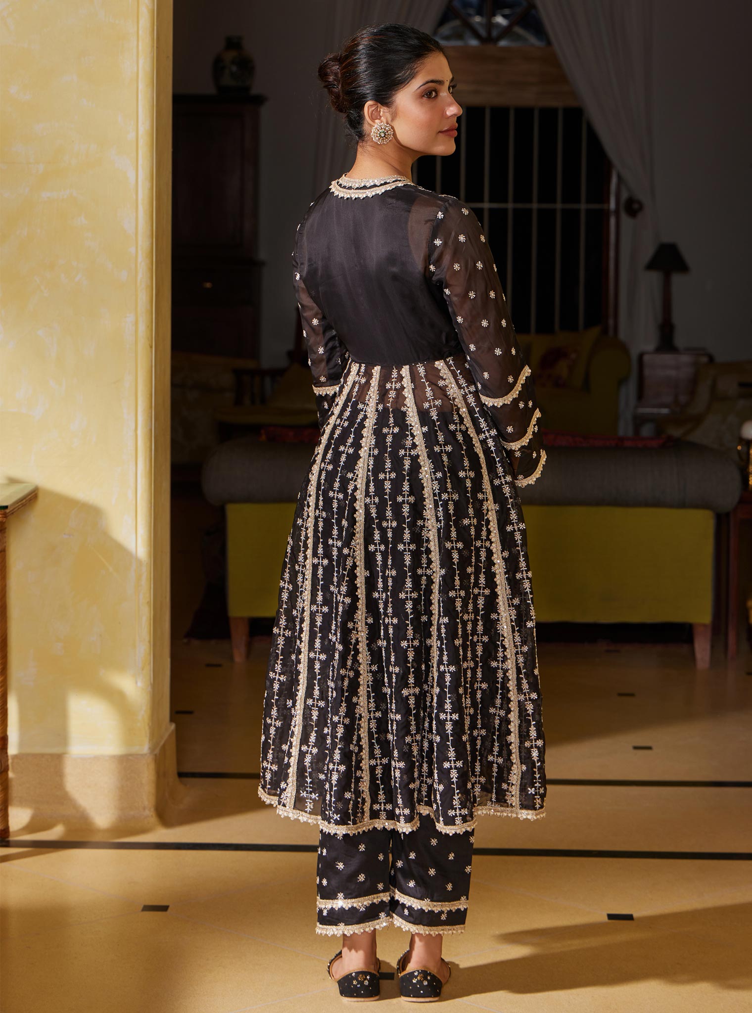 Mulmul Organza Simhi Anarkali Black Kurta with Mulmul Pima Simhi Black Pant