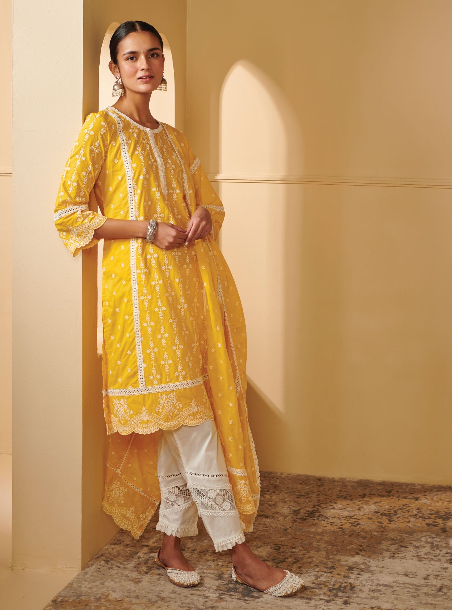 Mulmul Cotton Laiqa Mango Kurta With Mulmul Cotton Diagonal Lace White Pant