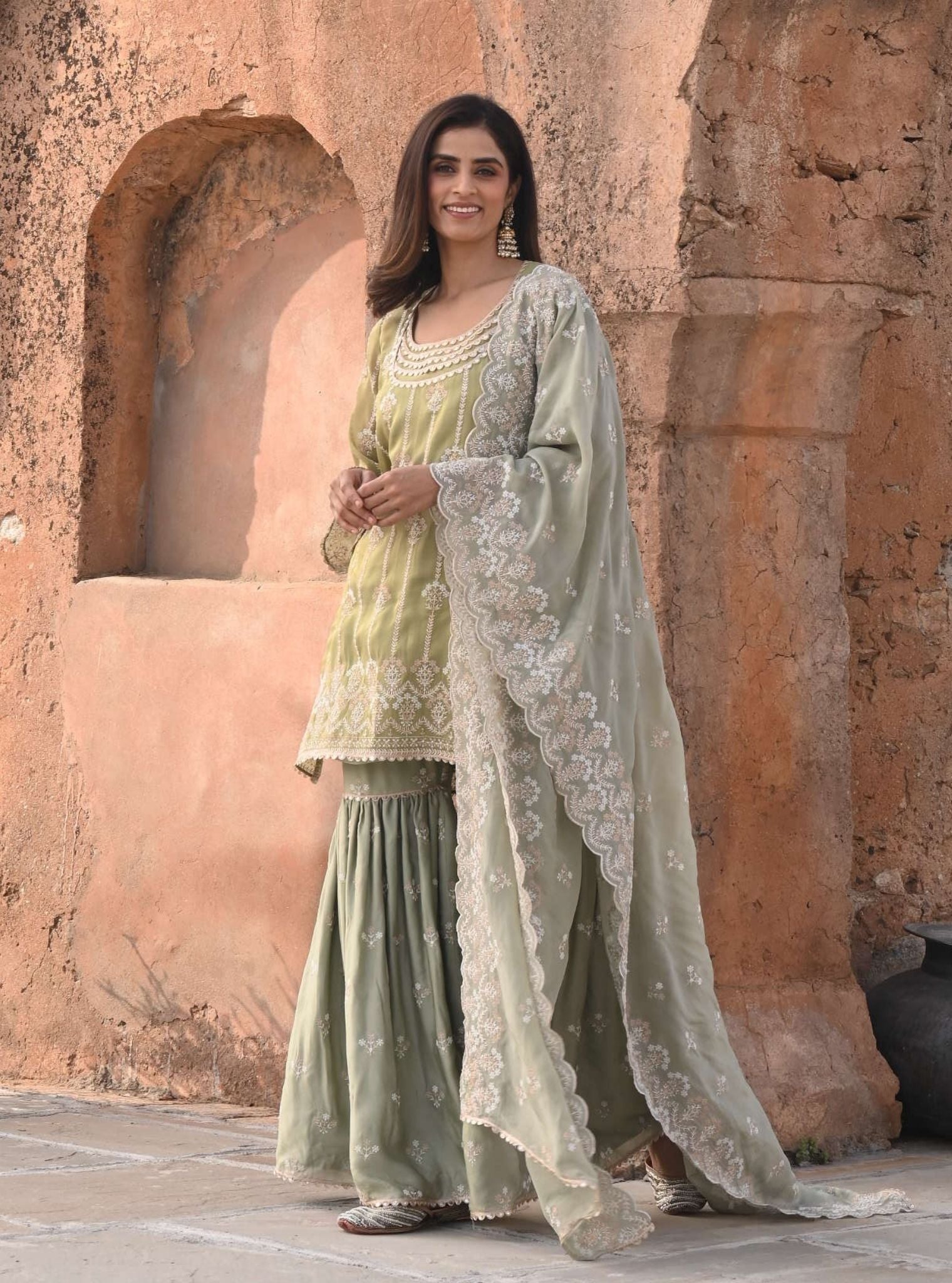 Mulmul Luxe Tissue Heer Sage Green Kurta with Mulmul Organza Satin Heer Sage Green Garara