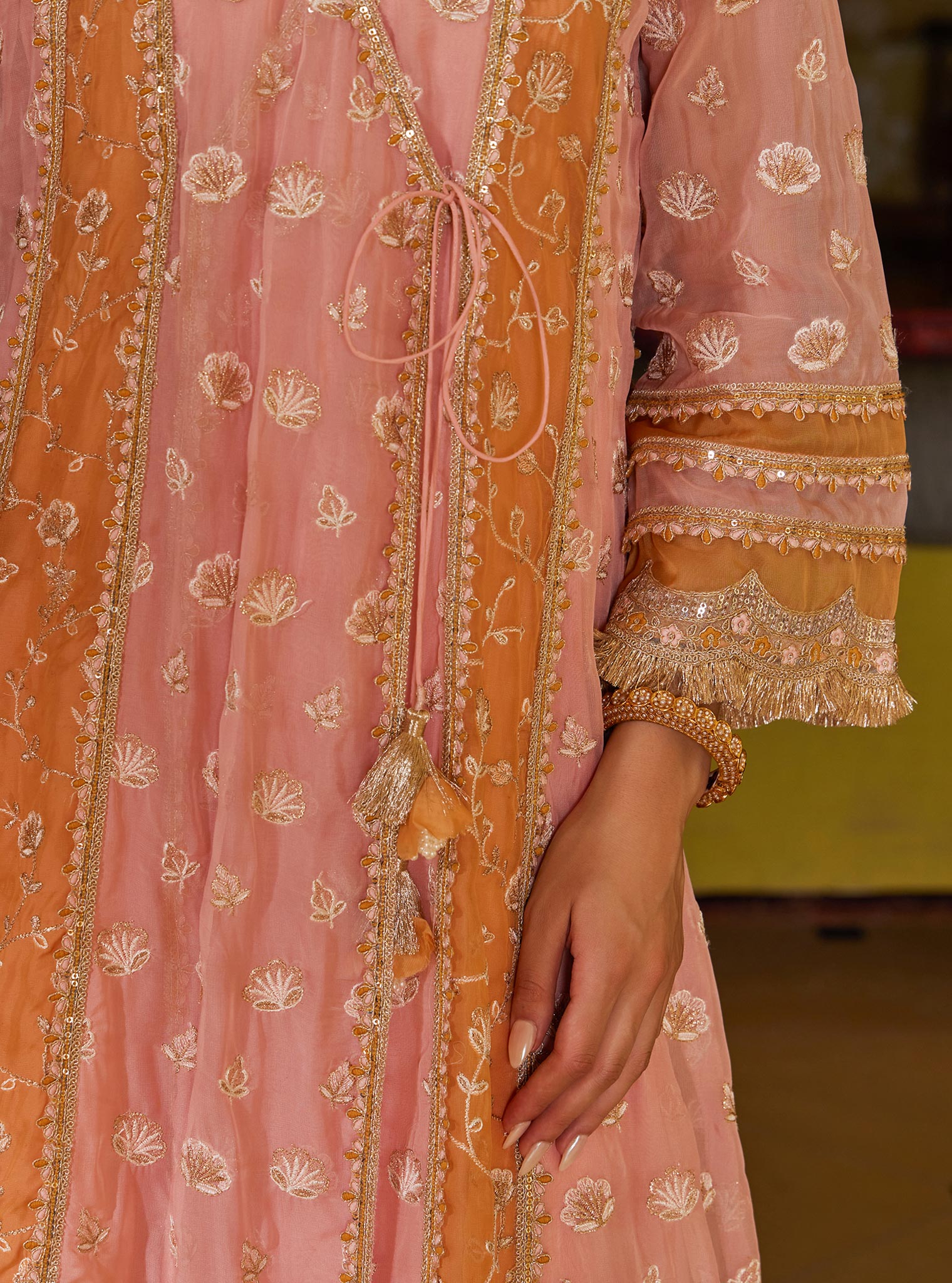 Mulmul Organza Panya Anarkali Pink Kurta with Mulmul Pima Panya Pink Pant