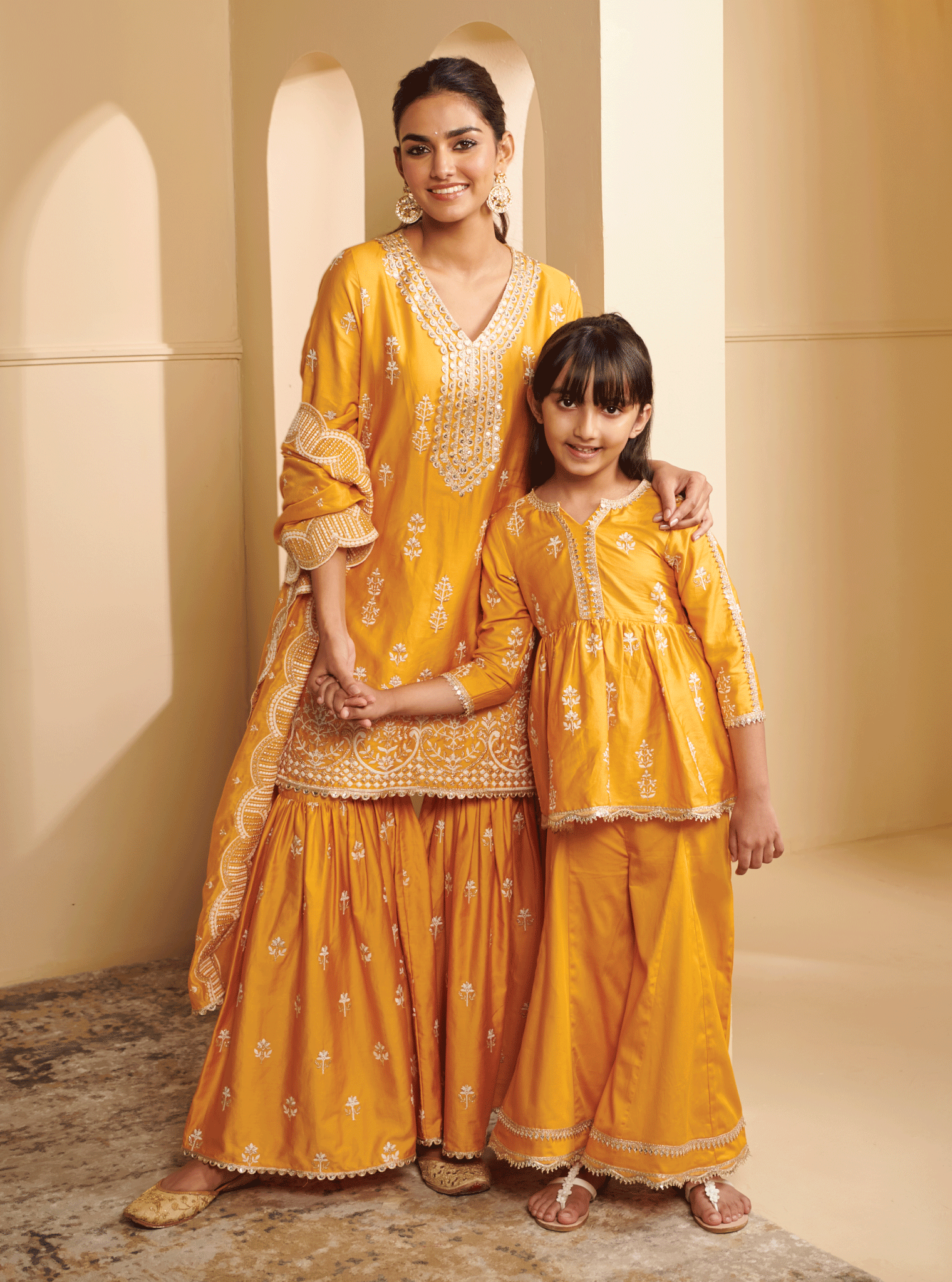 Mulmul Pima Satin Jhelum Yellow Kurta With Jhelum Yellow Sharara