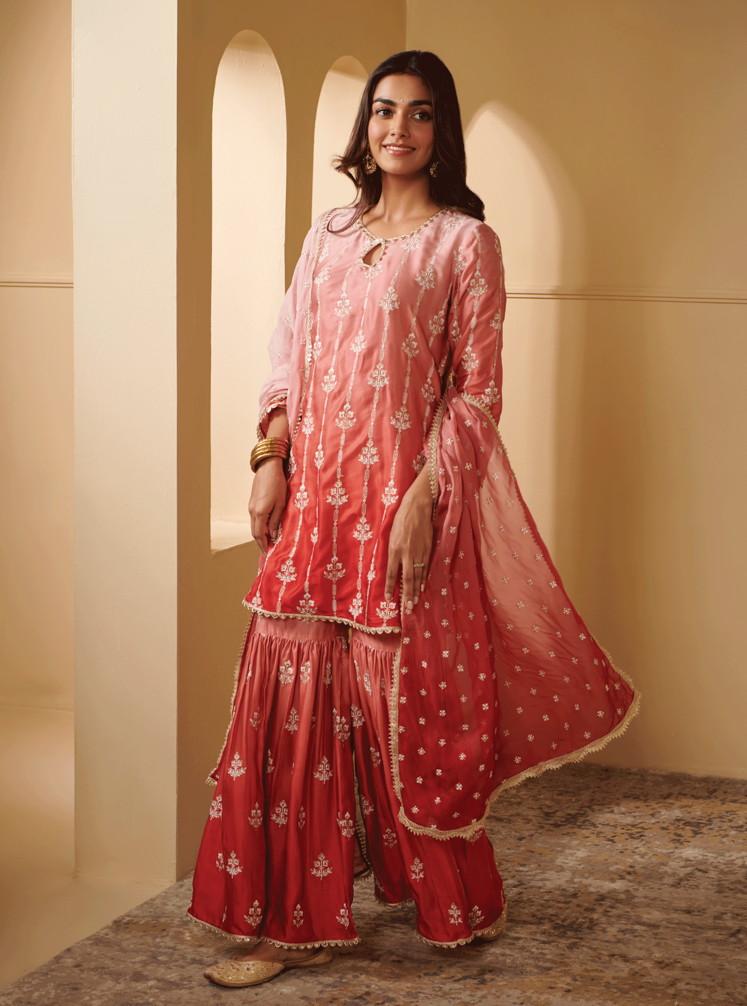 Mulmul Cupro Silk Nurvi Pink Kurta With Nurvi Pink Garara