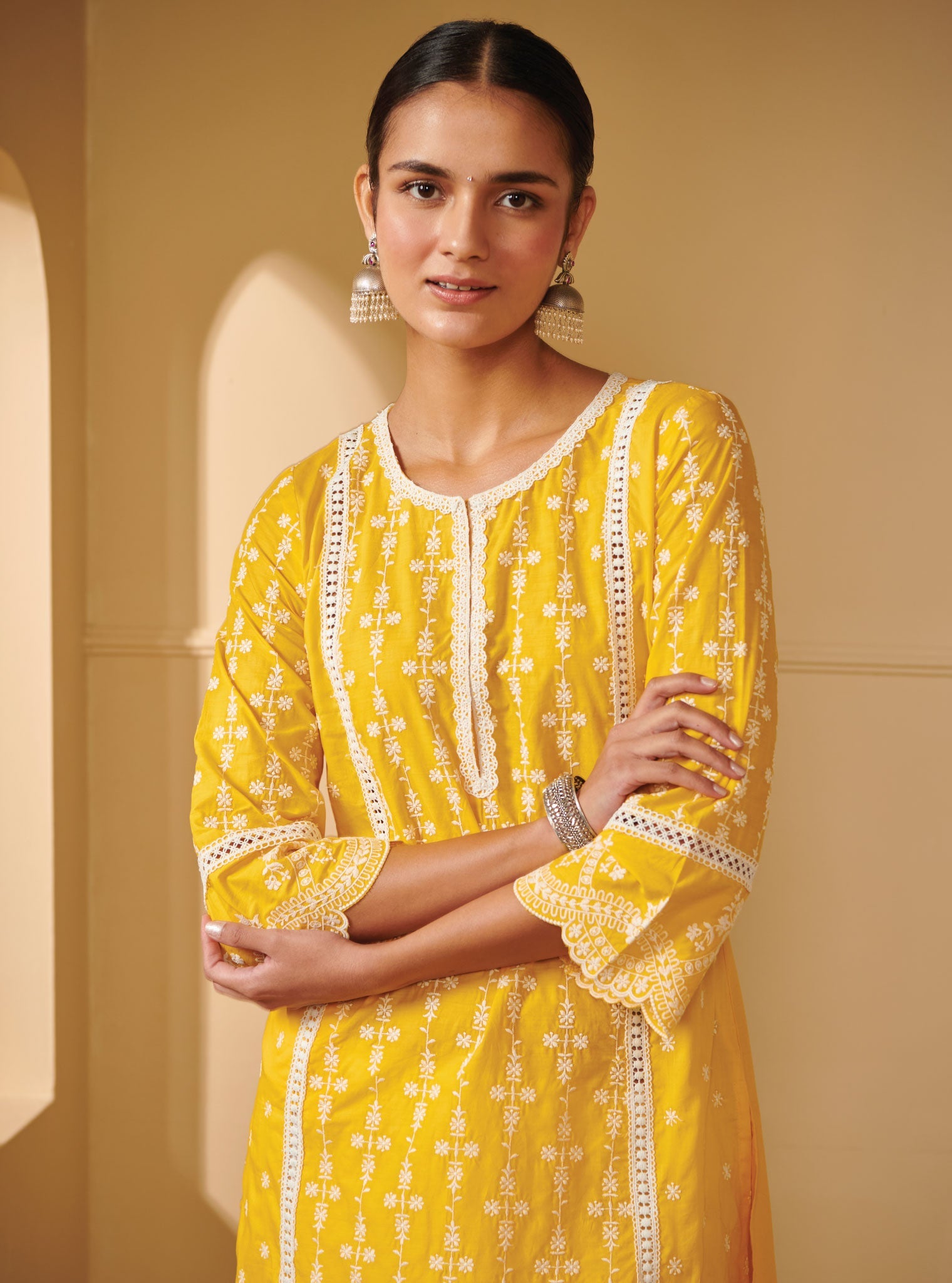 Mulmul Cotton Laiqa Mango Kurta With Mulmul Cotton Diagonal Lace White Pant