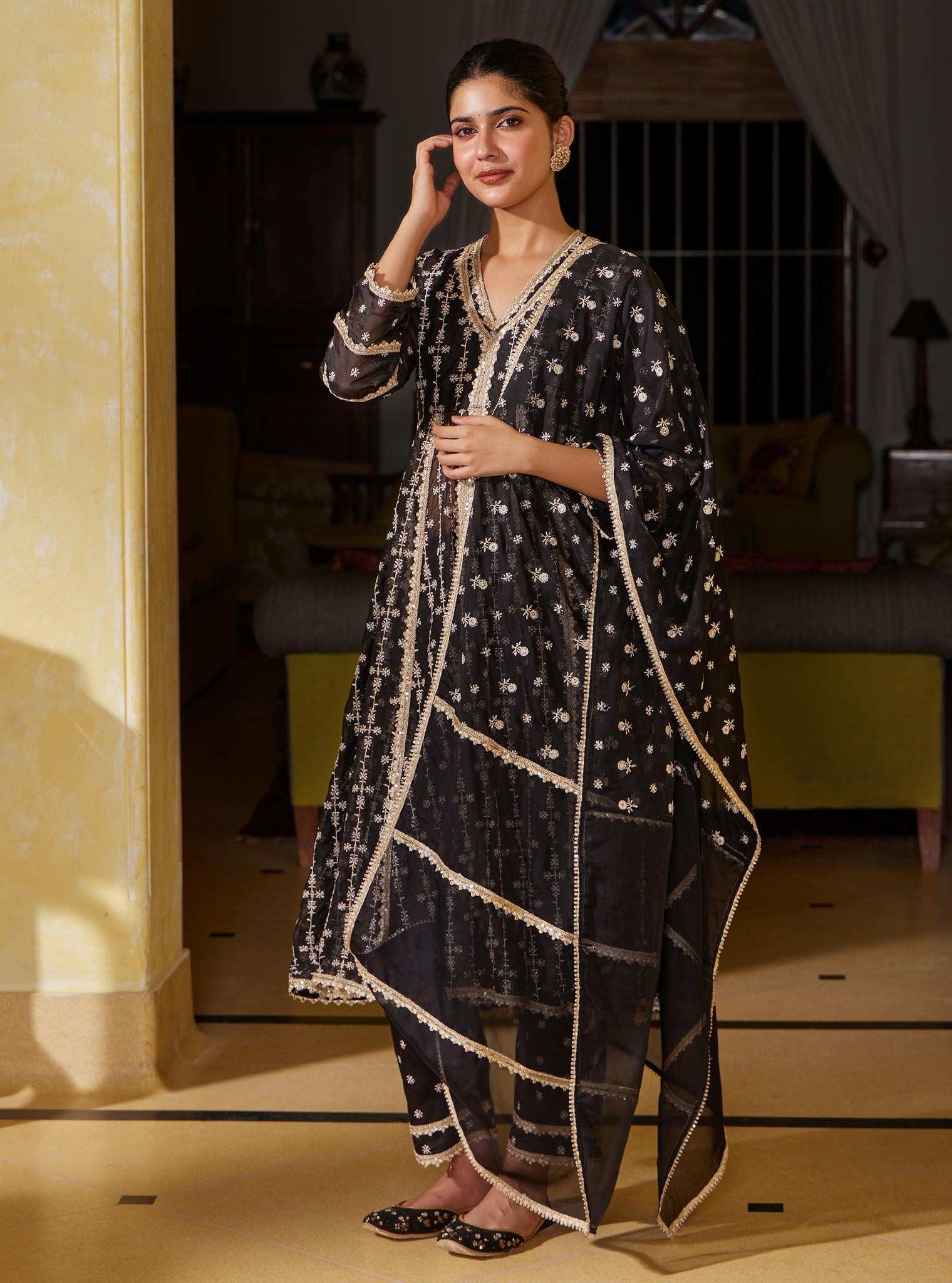 Mulmul Organza Simhi Anarkali Black Kurta with Mulmul Pima Simhi Black Pant