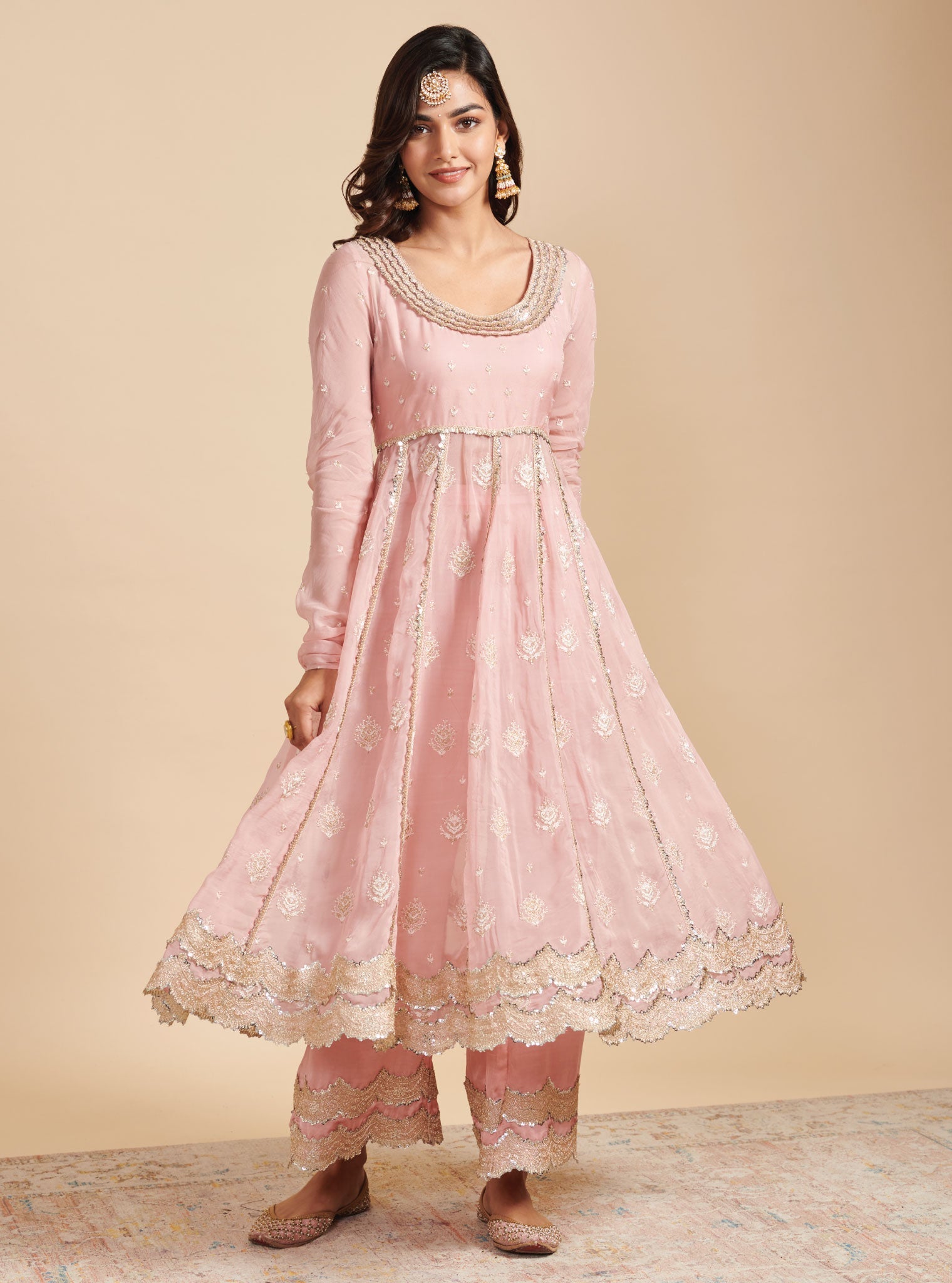 Mulmul Organza Gulabo Pink Anarkali Kurta With Mulmul Cupro Gulabo Pink pant