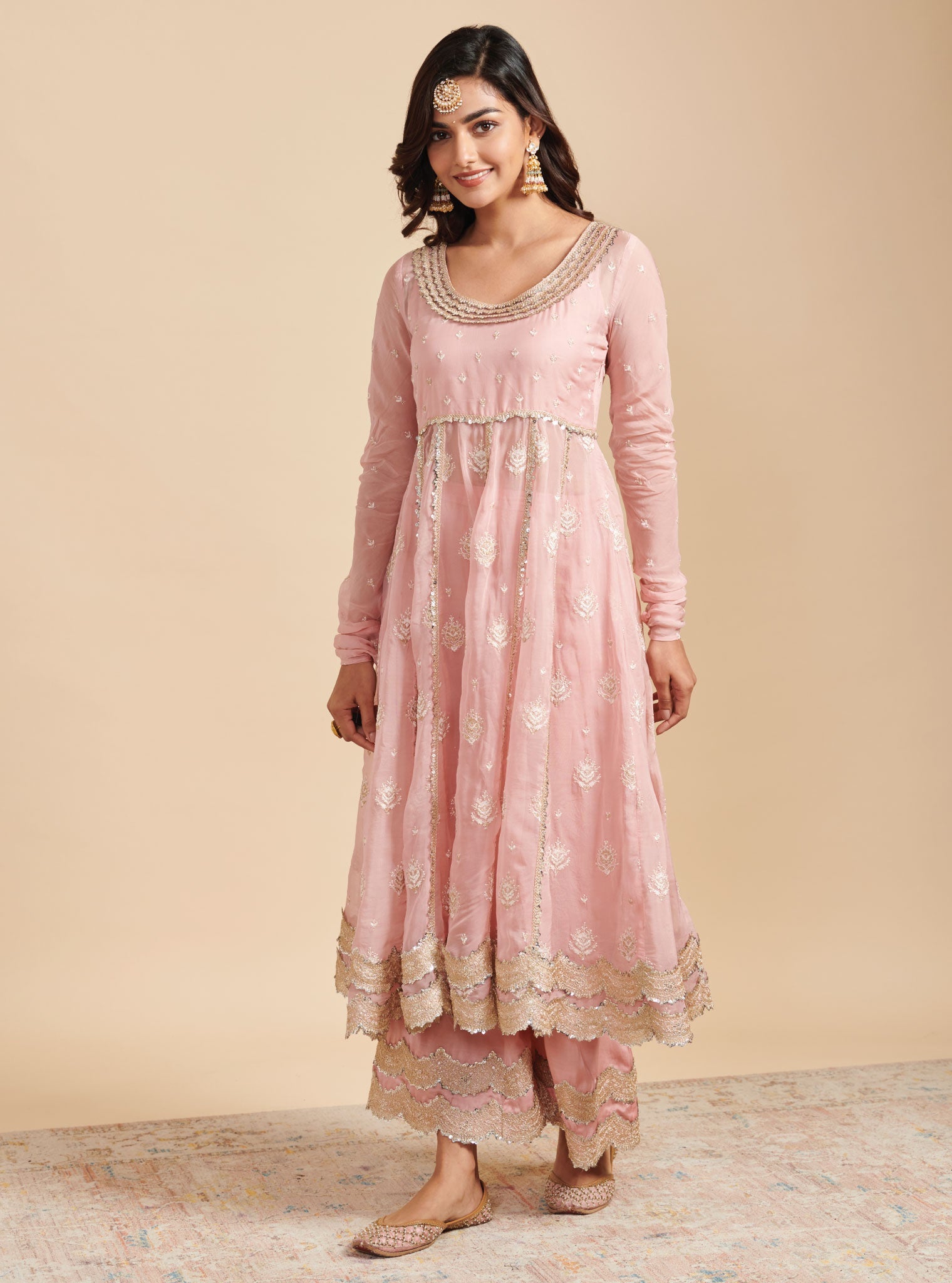 Mulmul Organza Gulabo Pink Anarkali Kurta With Mulmul Cupro Gulabo Pink pant