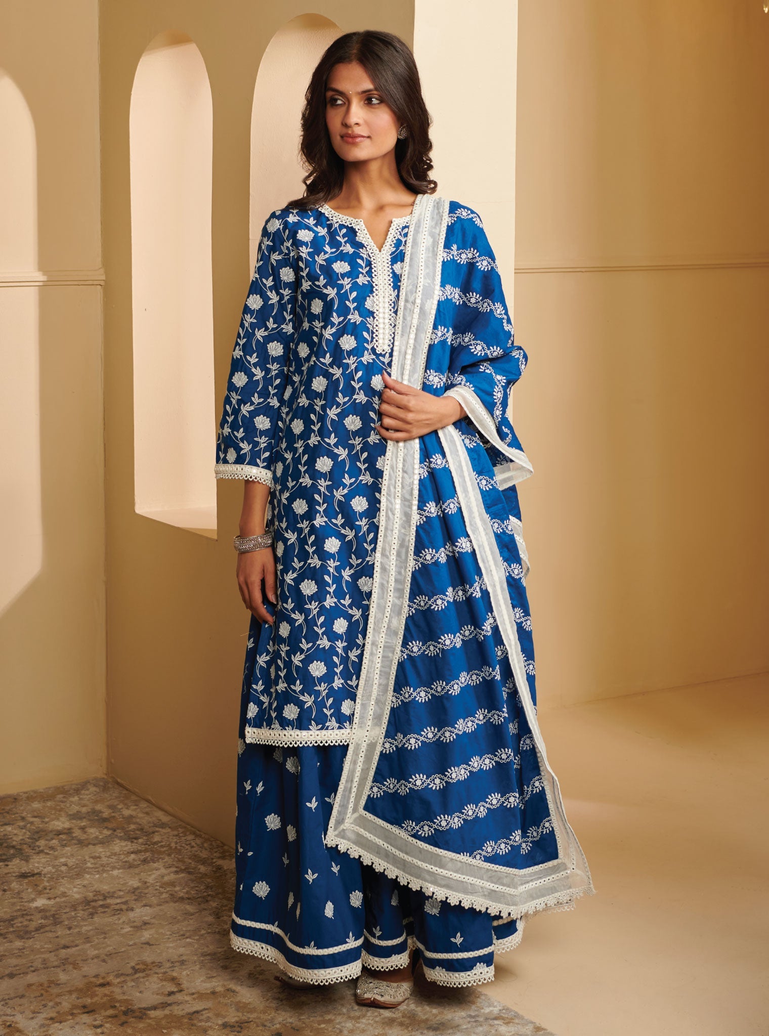 Mulmul Cotton Renisa Navy Kurta With Renisa Navy Skirt