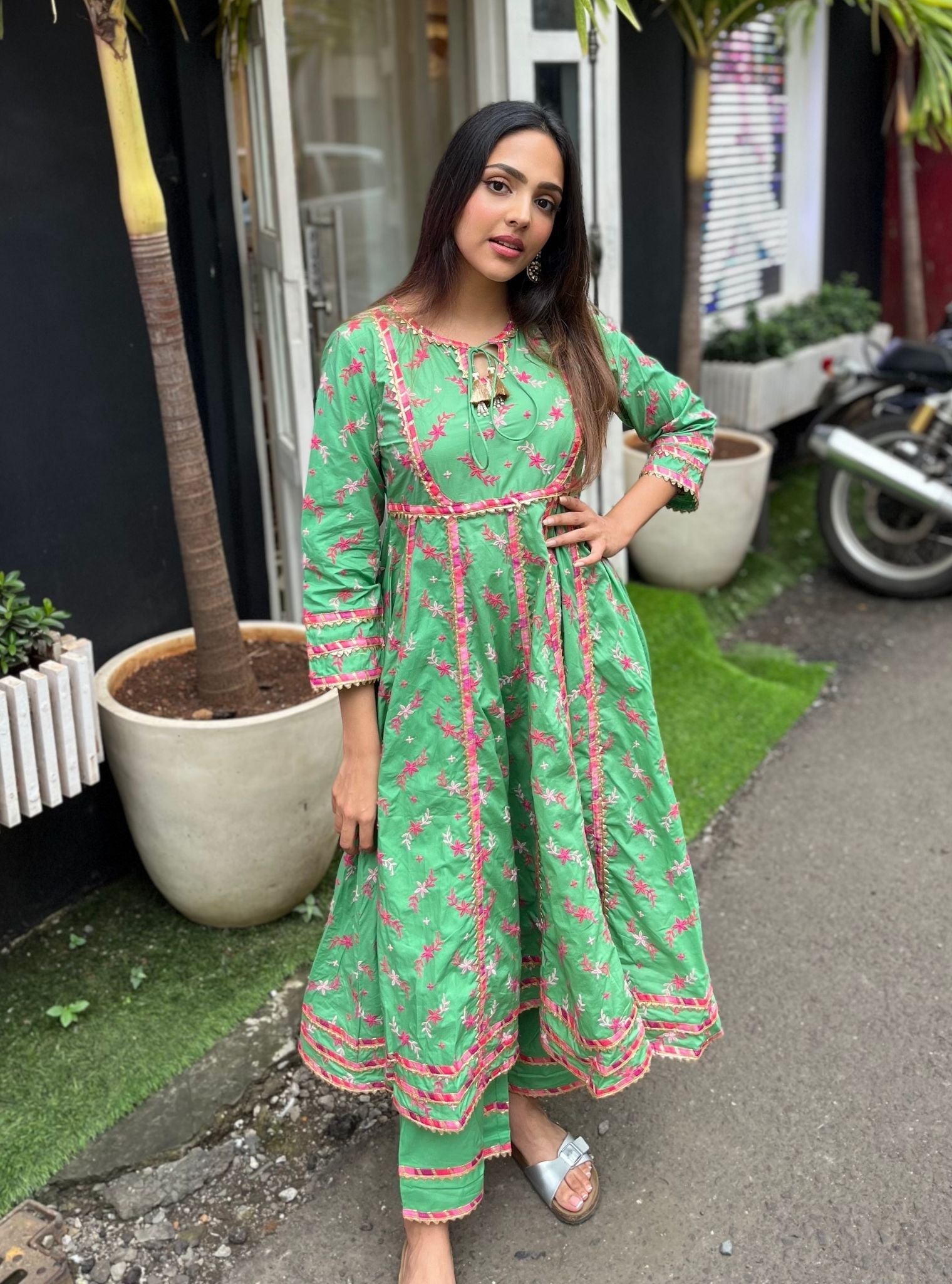 Mulmul Cotton Melenia Anarkali Green Kurta With Melenia Green Pant