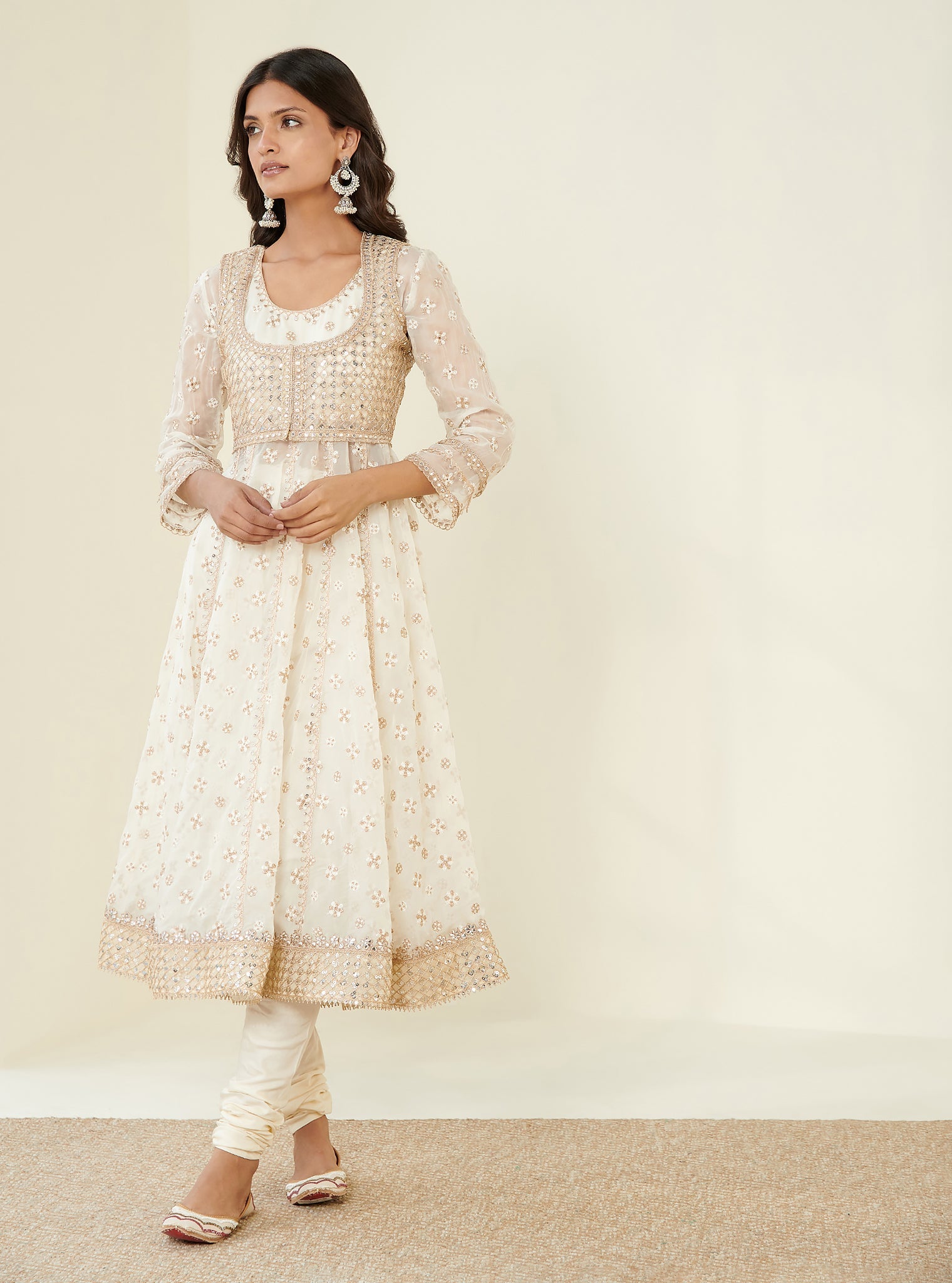 Mulmul Organza Malang Anarkali Off White Kurta With Jacket With Mulmul Pima Malang Off White Churidar Pant