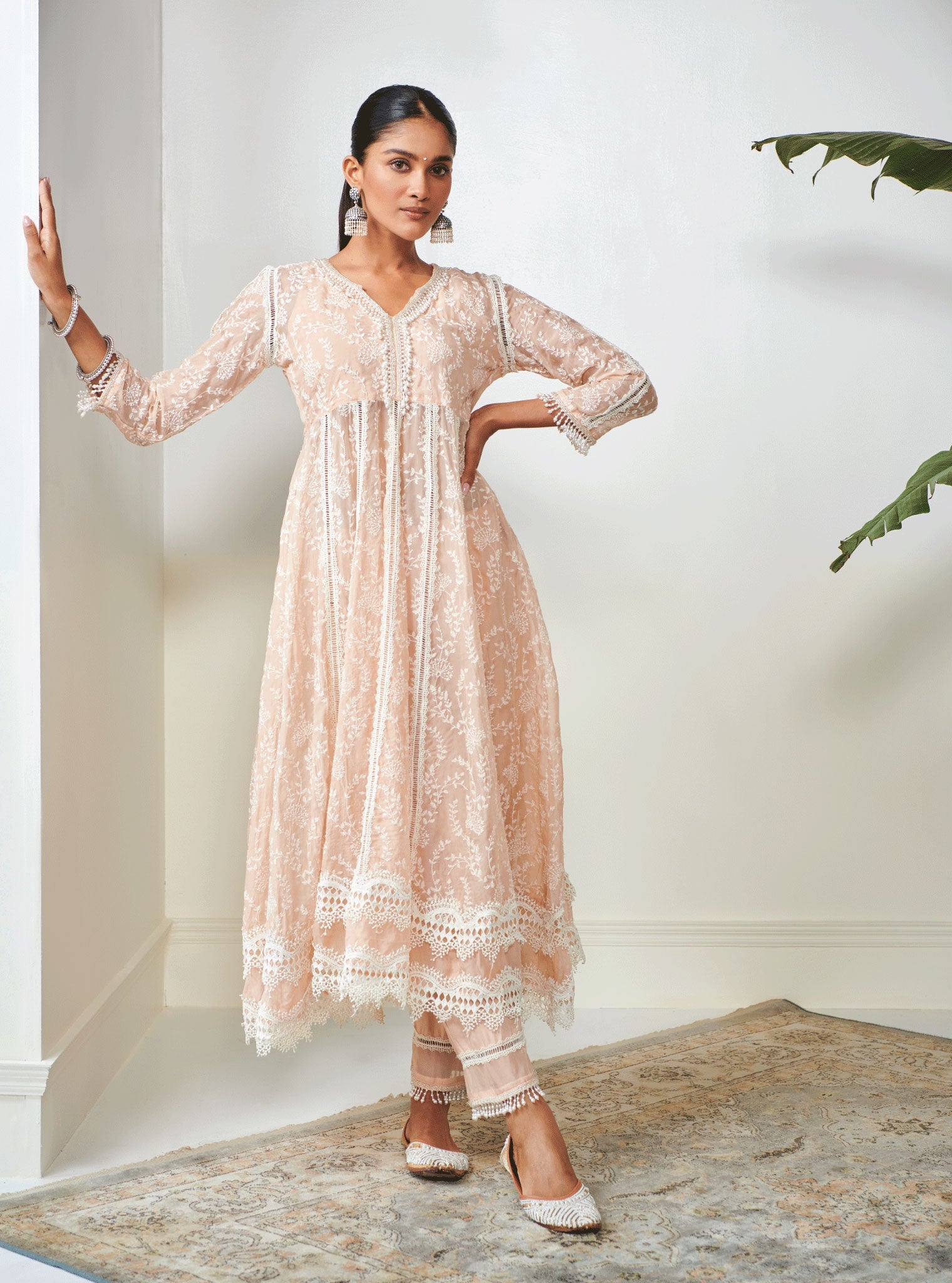 Mulmul Organza Twyla Beige Kurta With Mulmul Cotton Twyla Beige Pant