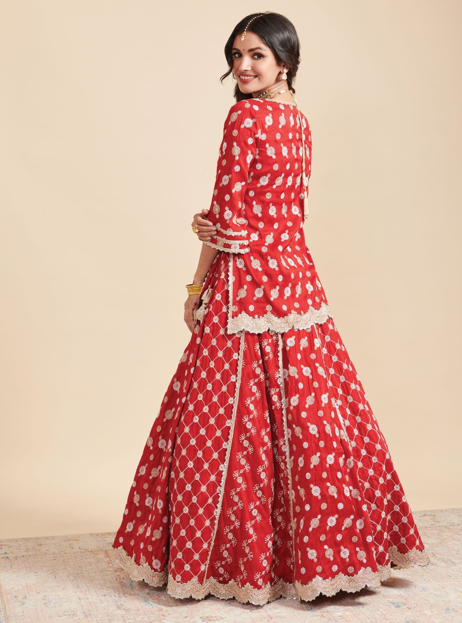 Mulmul Silk Surkh Red Kurta With Mulmul Silk Surkh Red Lehenga