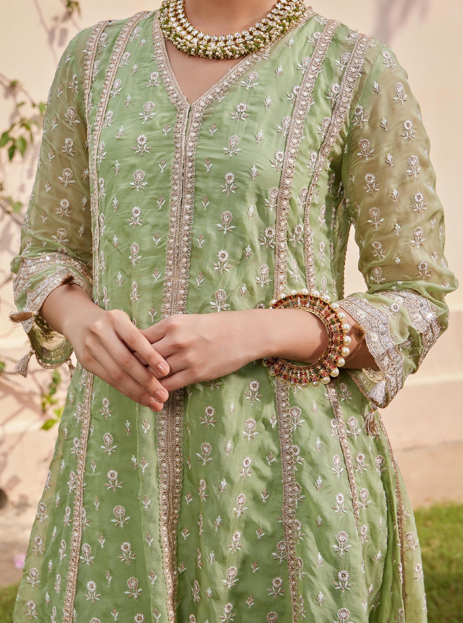 Mulmul Organza Smera Anarkali Green Kurta with Mulmul Pima Smera Green Pant