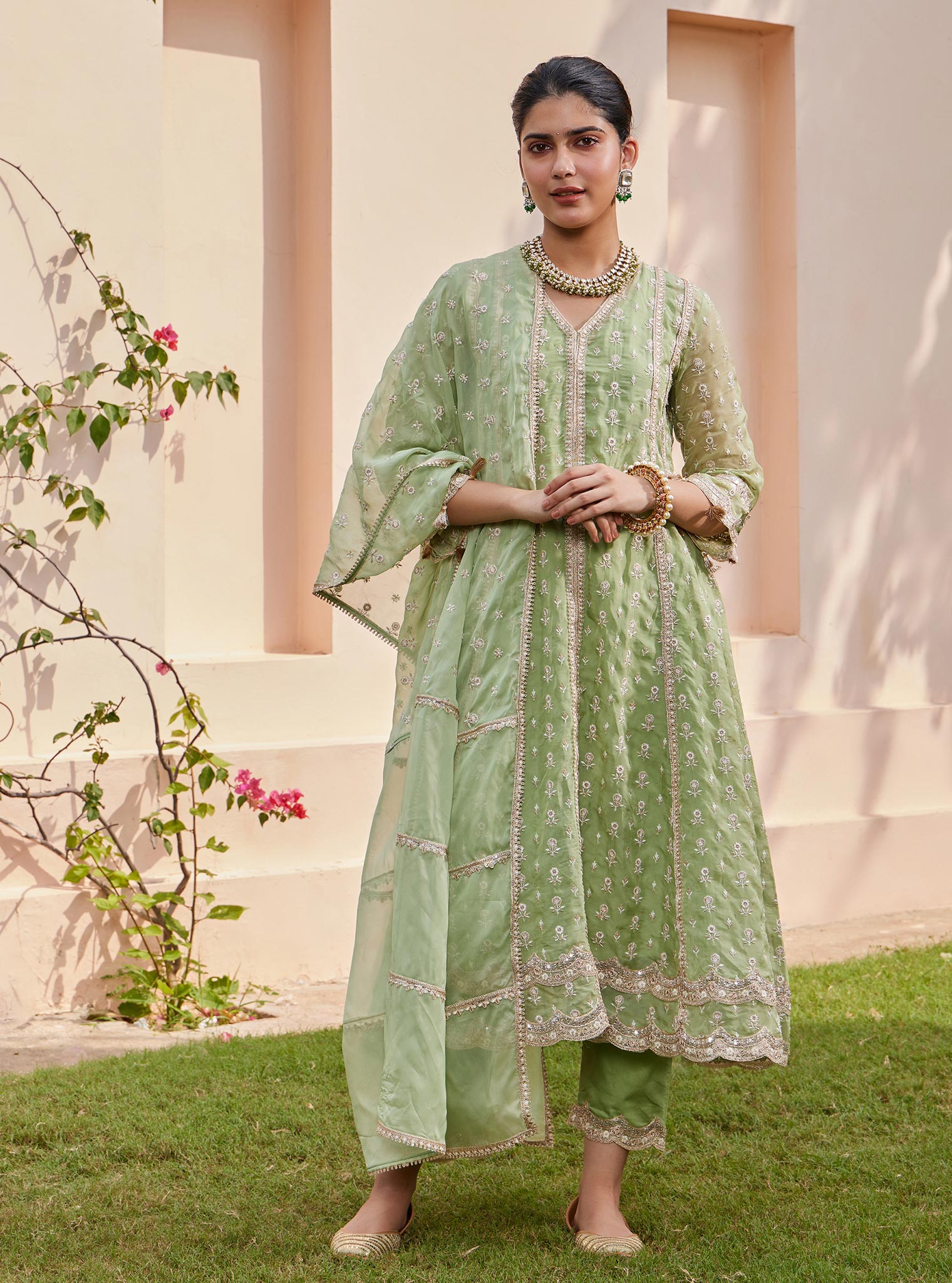 Mulmul Organza Smera Anarkali Green Kurta with Mulmul Pima Smera Green Pant