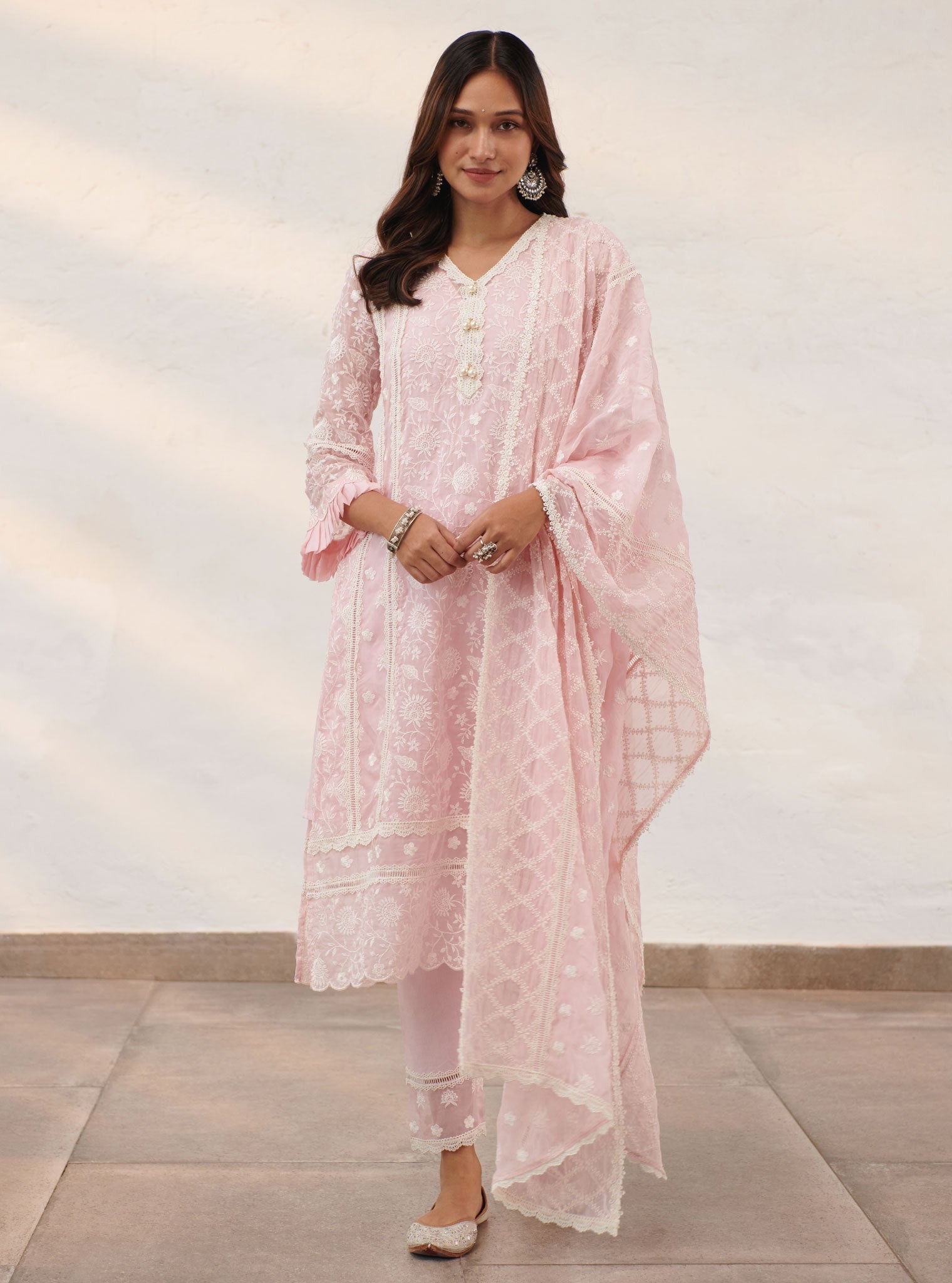 Mulmul Organza Dorset Pink Kurta With Cotton Dorset Pink Pant