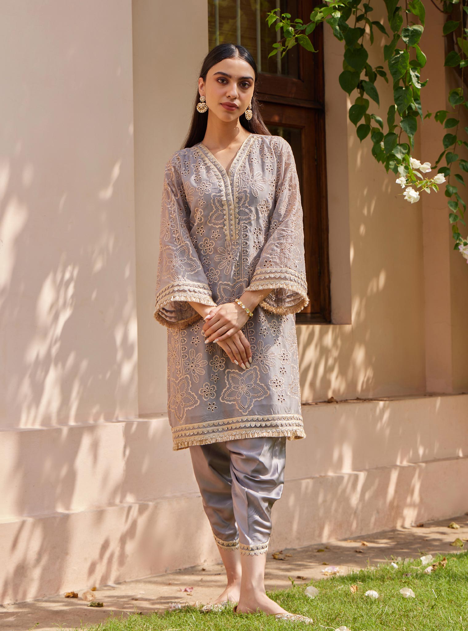 Mulmul Organza Ekani Grey Kurta with Mulmul Cupro Ekani Grey Salwar