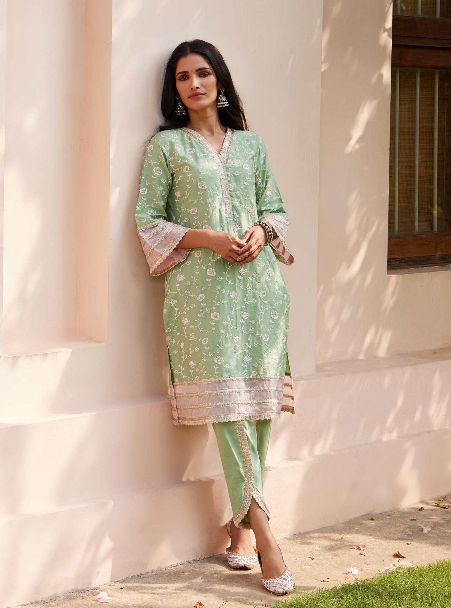 Mulmul Pima Drita Green Kurta with Mulmul Pima Drita Green Pant