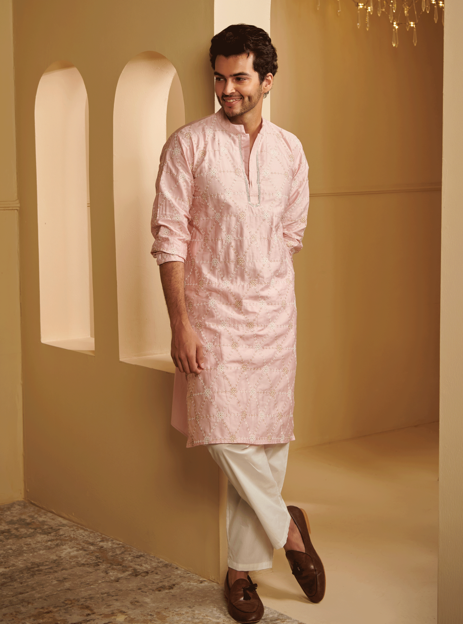 Mulmul Pima Satin Vara Pink Kurta With Mulmul Cotton Vara White Pyajama