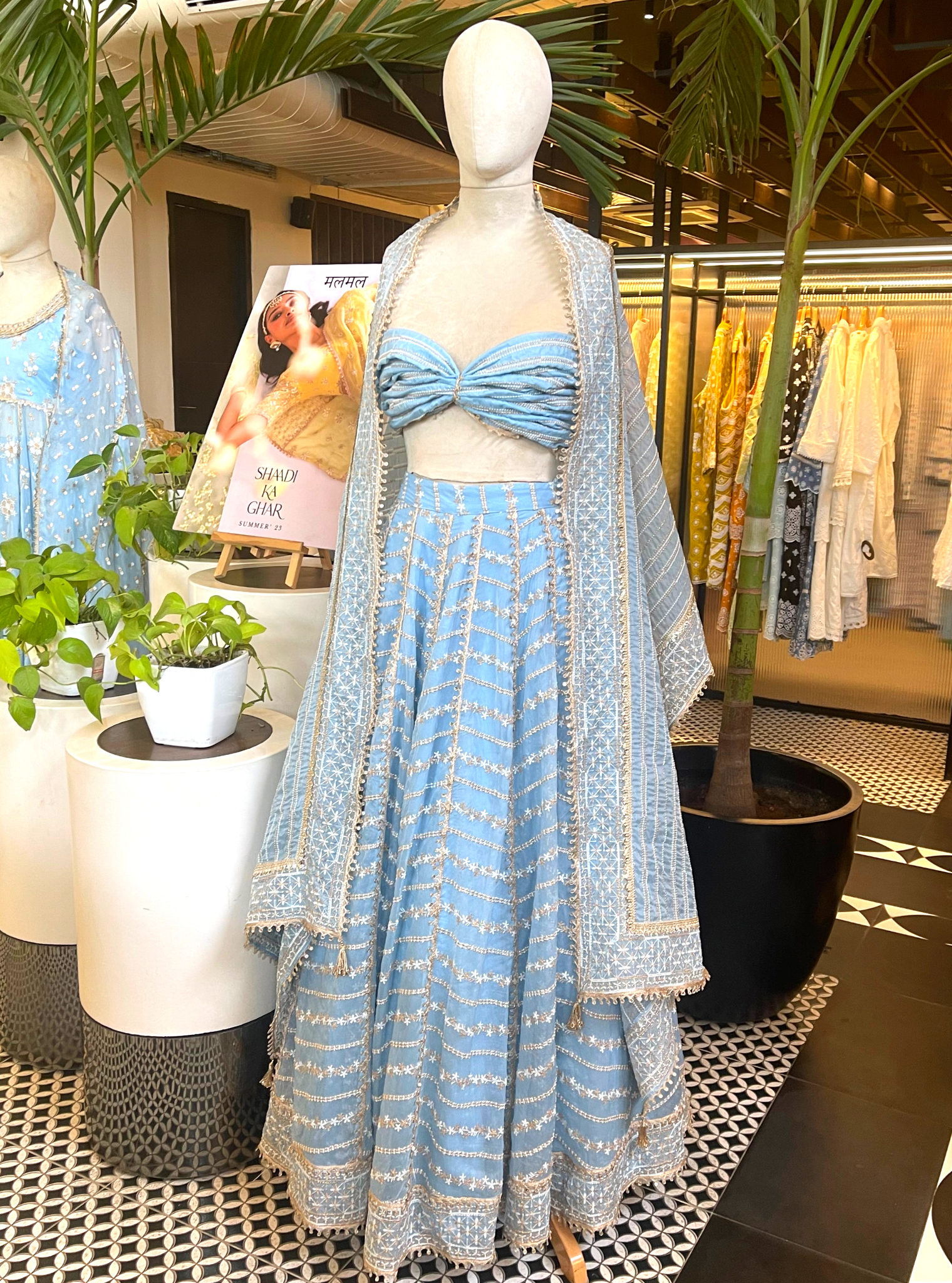 Mulmul Organza Gulmohar Blue Lehenga