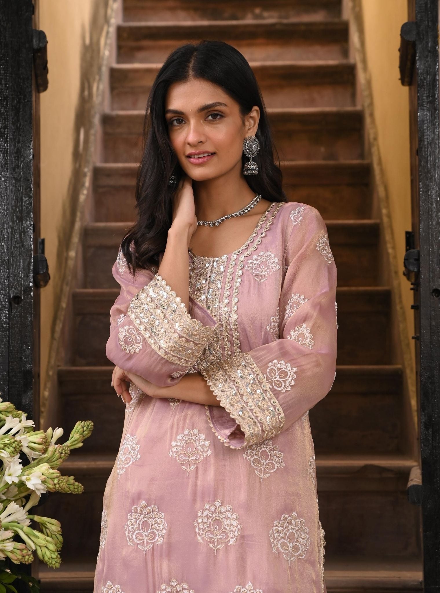 Mulmul Luxe Tissue Kasuri Lilac Kurta with Mulmul Pima Satin Kasuri Lilac Pant