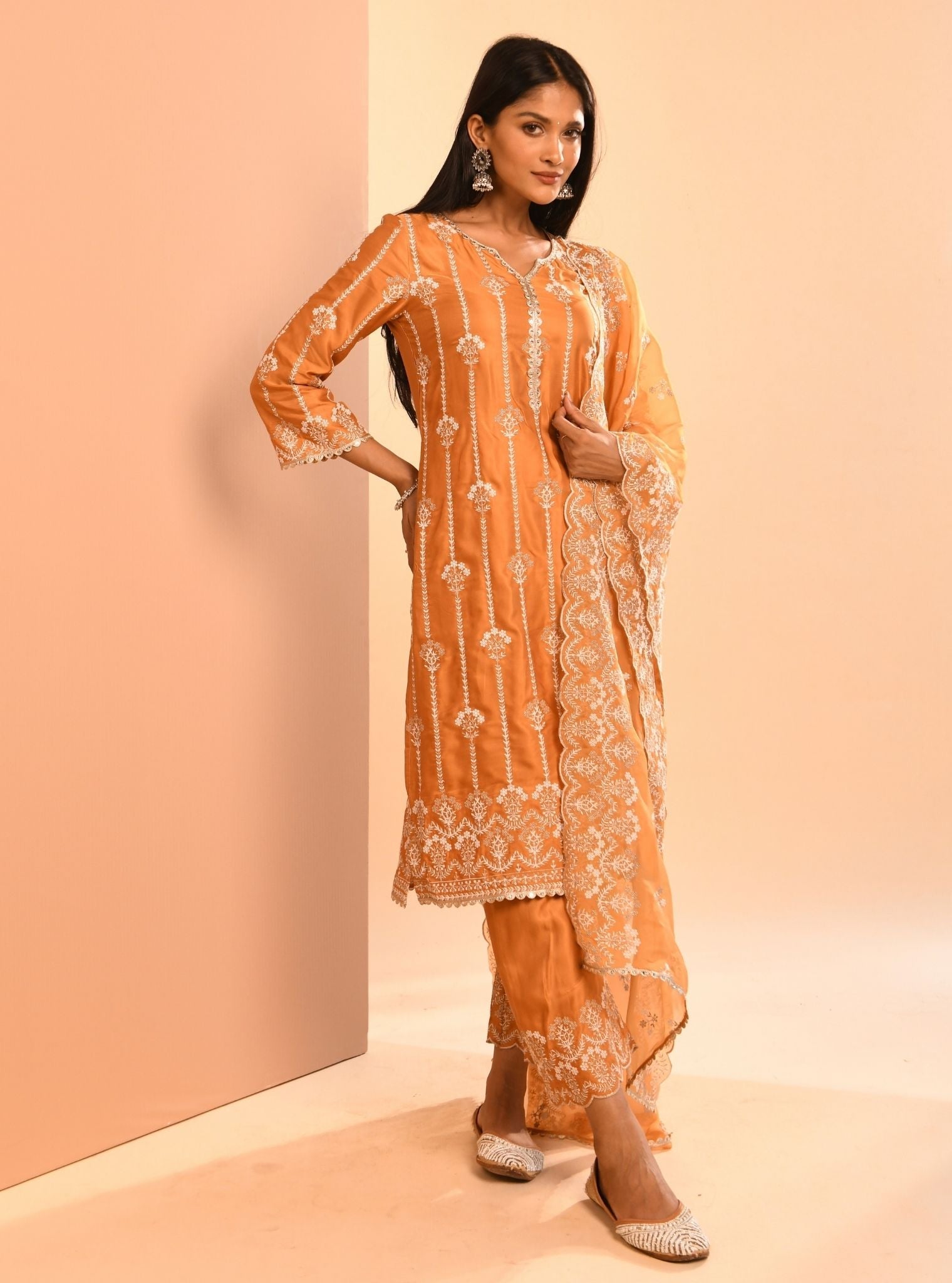 Mulmul Cupro Zoya Orange Kurta With Mulmul Cupro Zoya Orange Pant