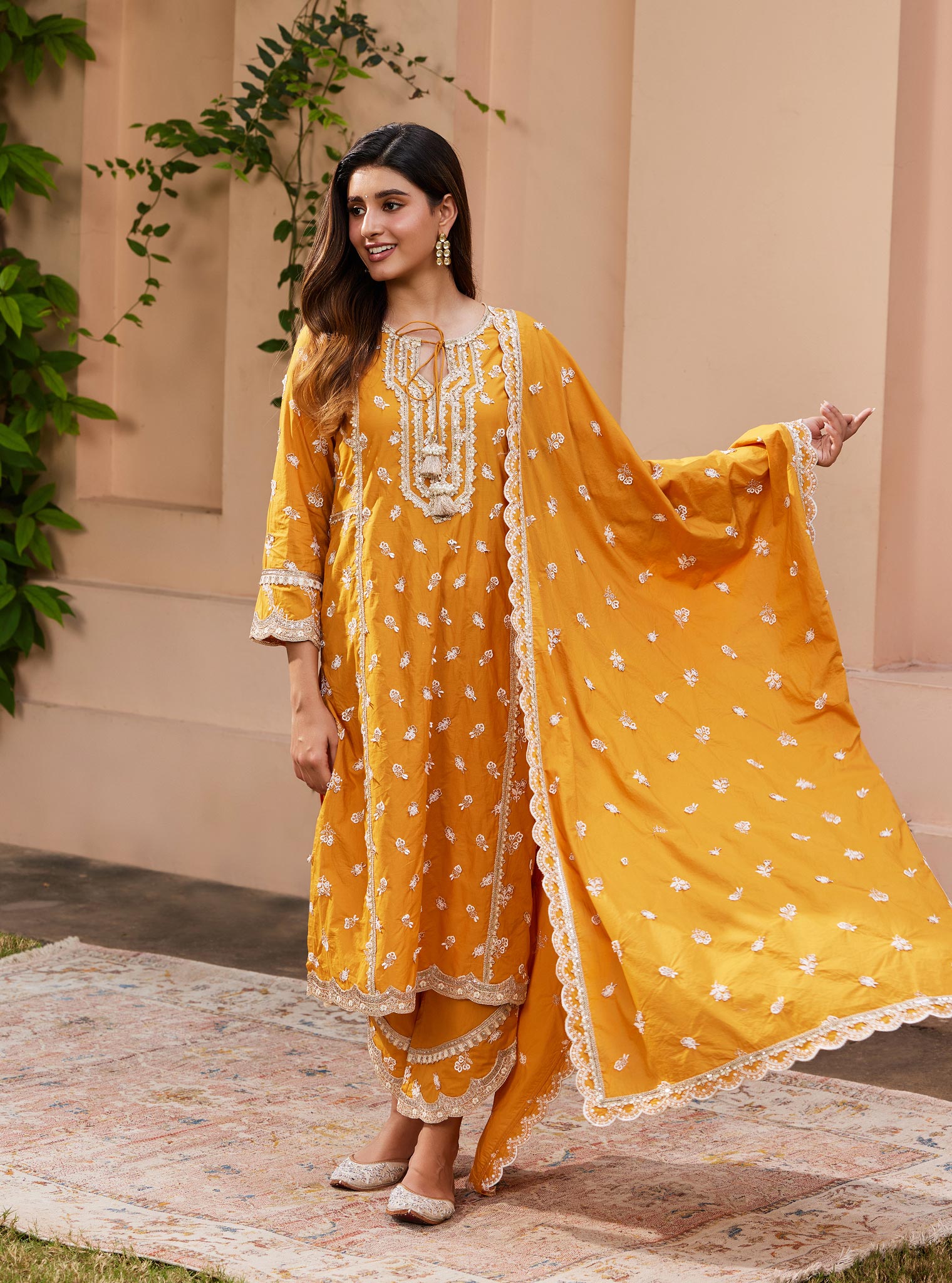 Mulmul Cotton Adah Orange Kurta with Mulmul Cotton Adah Orange Pant