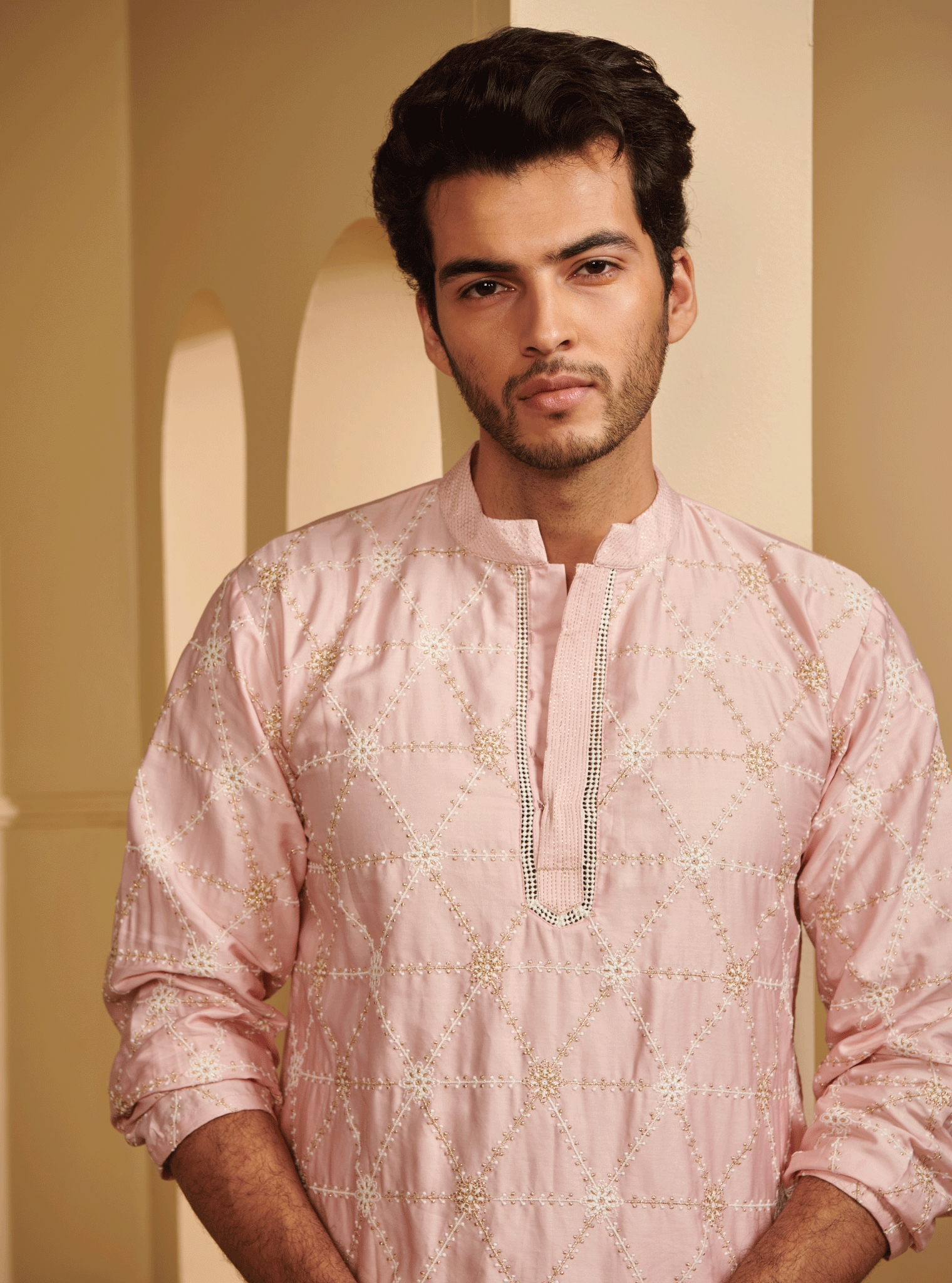 Mulmul Pima Satin Vara Pink Kurta With Mulmul Cotton Vara White Pyajama