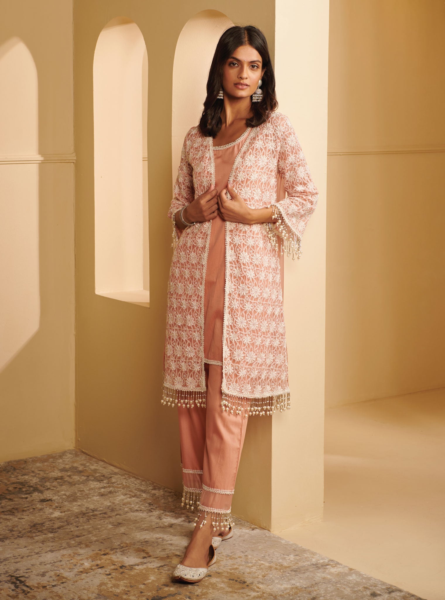 Mulmul Organza Iksa Rose Kurta With Mulmul Pima Satin Iksa Rose Pant