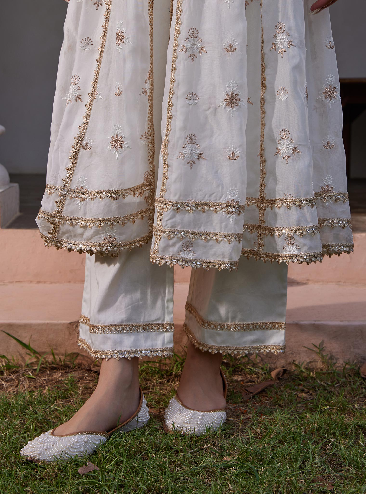 Mulmul Organza Agira Anarkali Off white Kurta with Mulmul Pima Agira Off white Pant