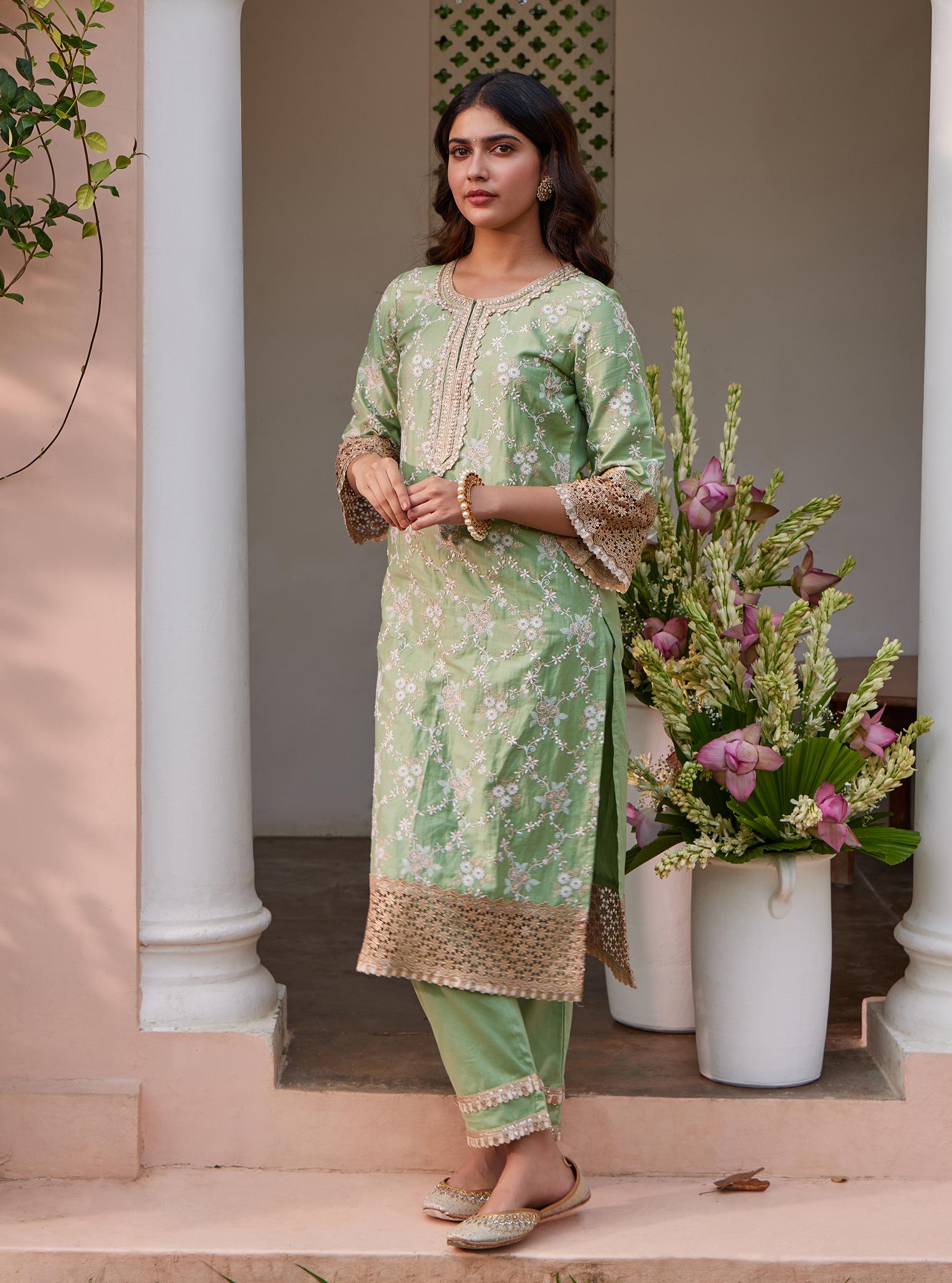 Mulmul Pima Agasti Green Kurta with Mulmul Pima Agasti Green Pant