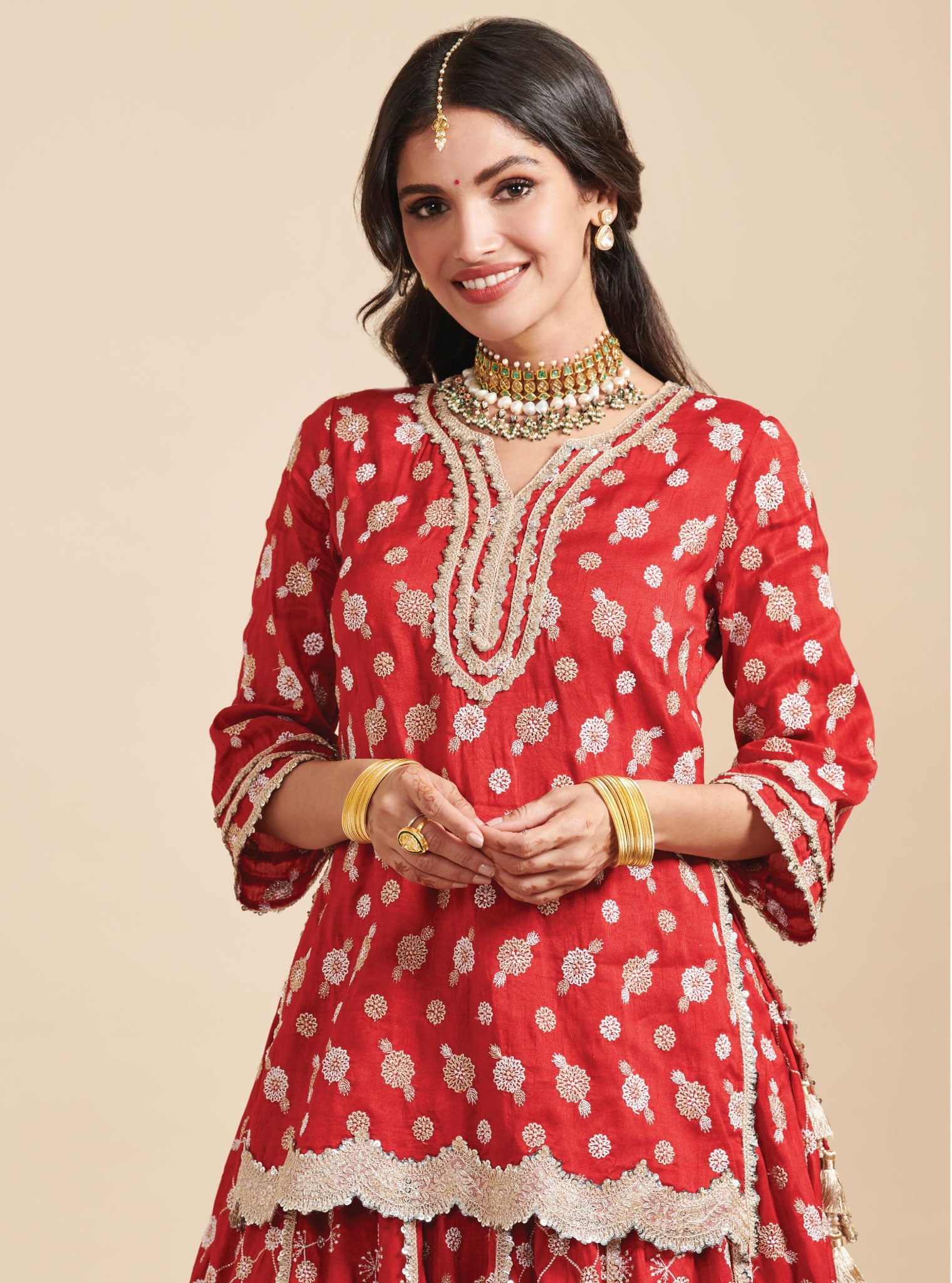 Mulmul Silk Surkh Red Kurta With Mulmul Silk Surkh Red Lehenga