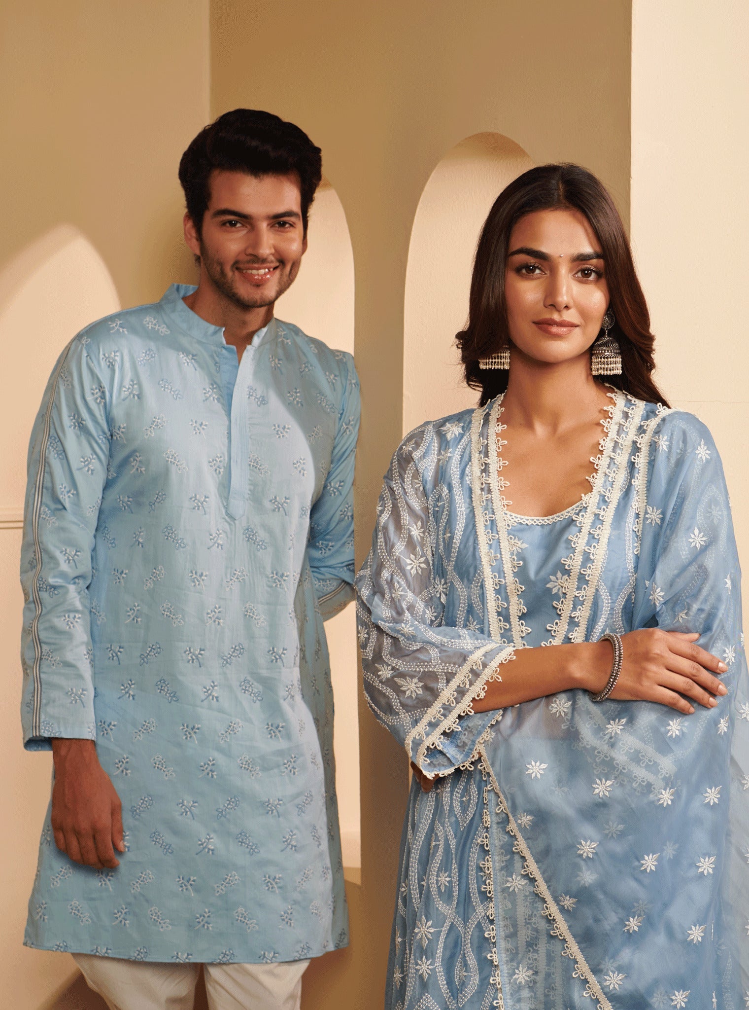 Mulmul Pima Satin Elio light blue Kurta With Mulmul Cotton Elio White Pyajama