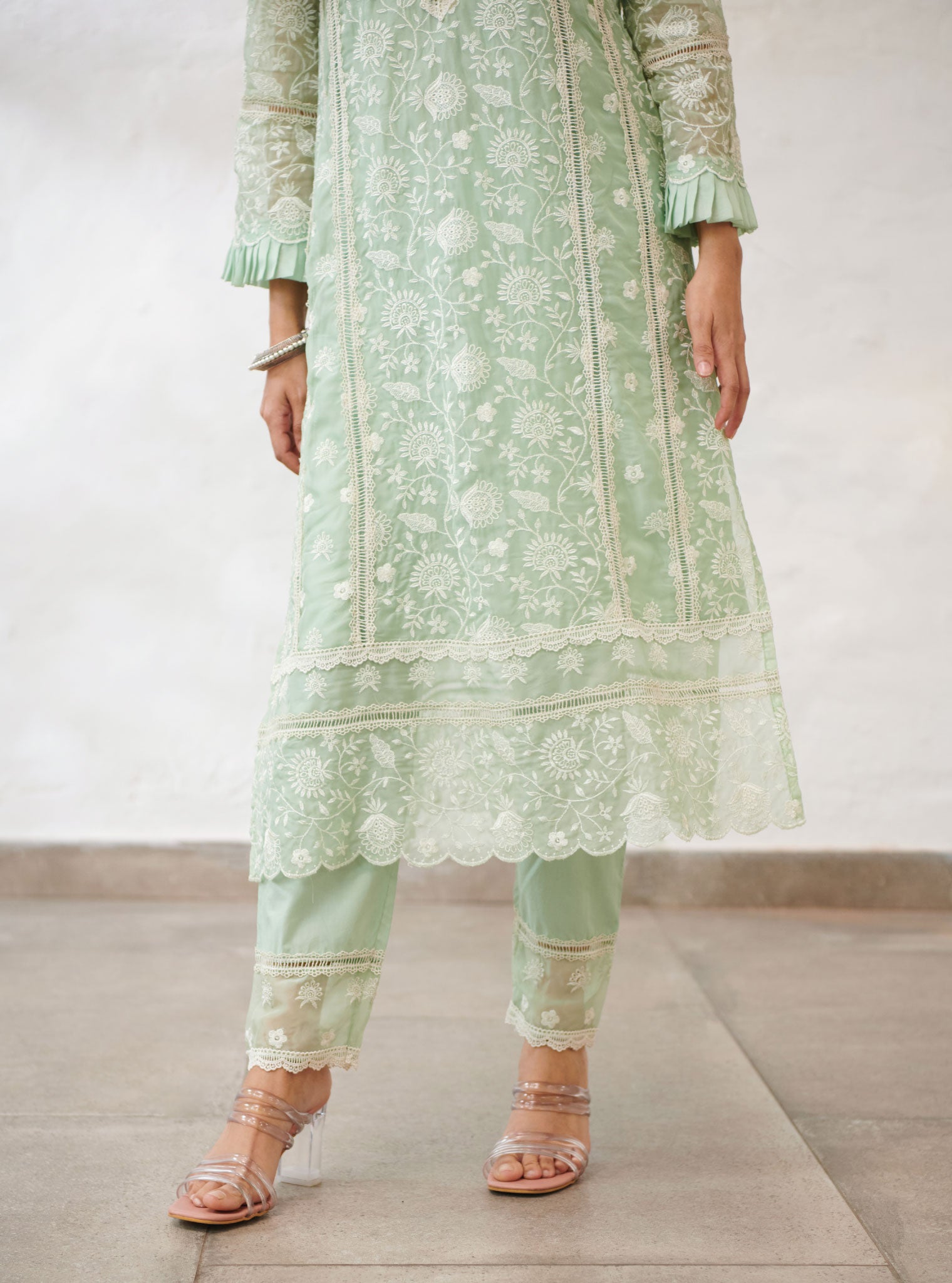 Mulmul Organza Dorset Green Kurta With Cotton Dorset Green Pant