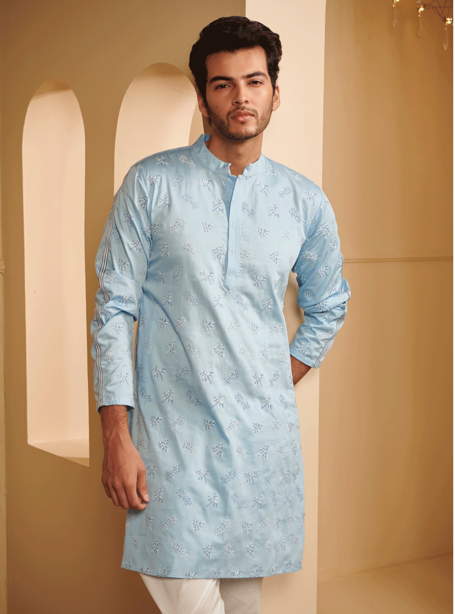 Mulmul Pima Satin Elio light blue Kurta With Mulmul Cotton Elio White Pyajama