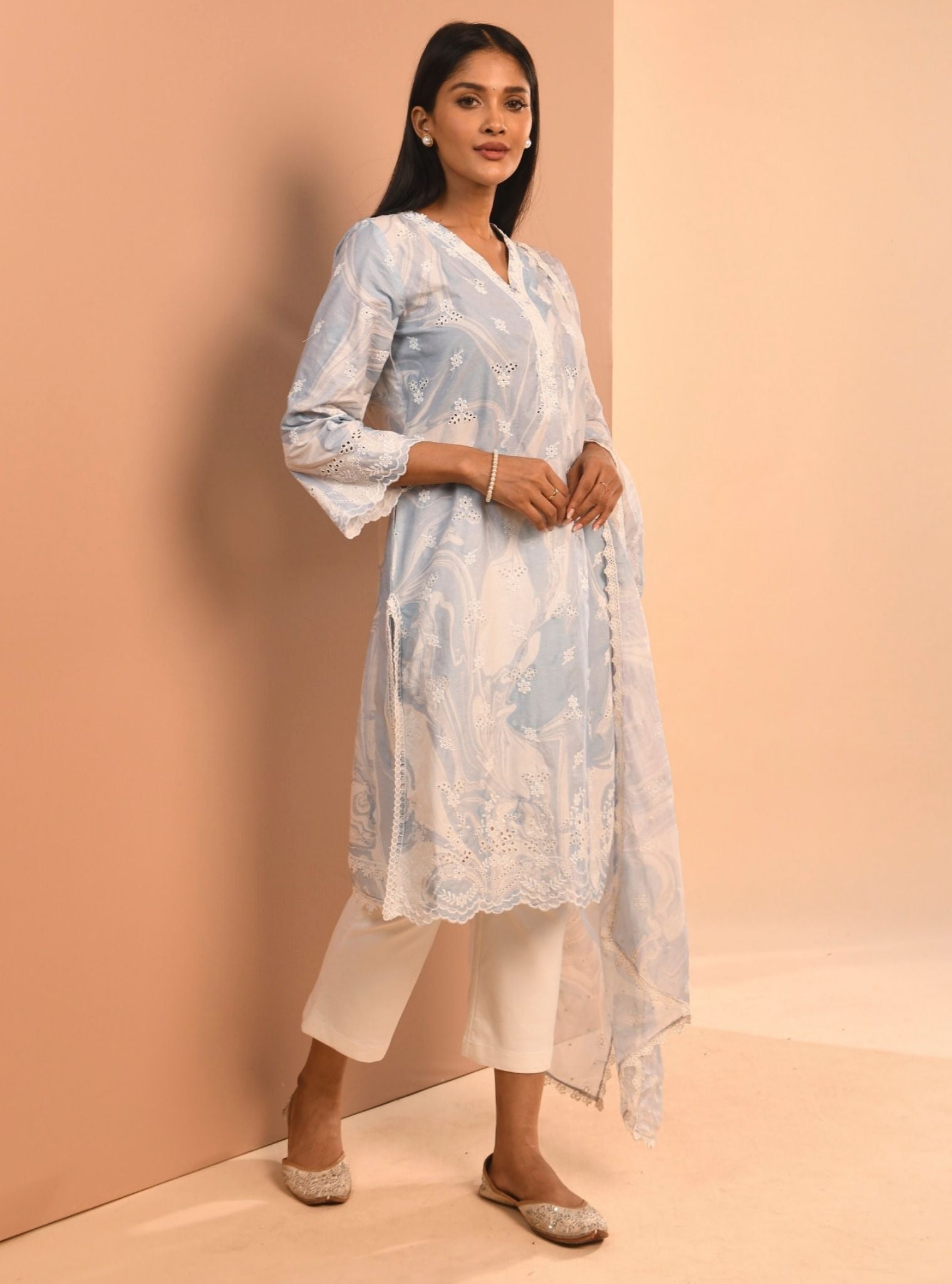 Mulmul Cotton Marble Adela Blue Kurta