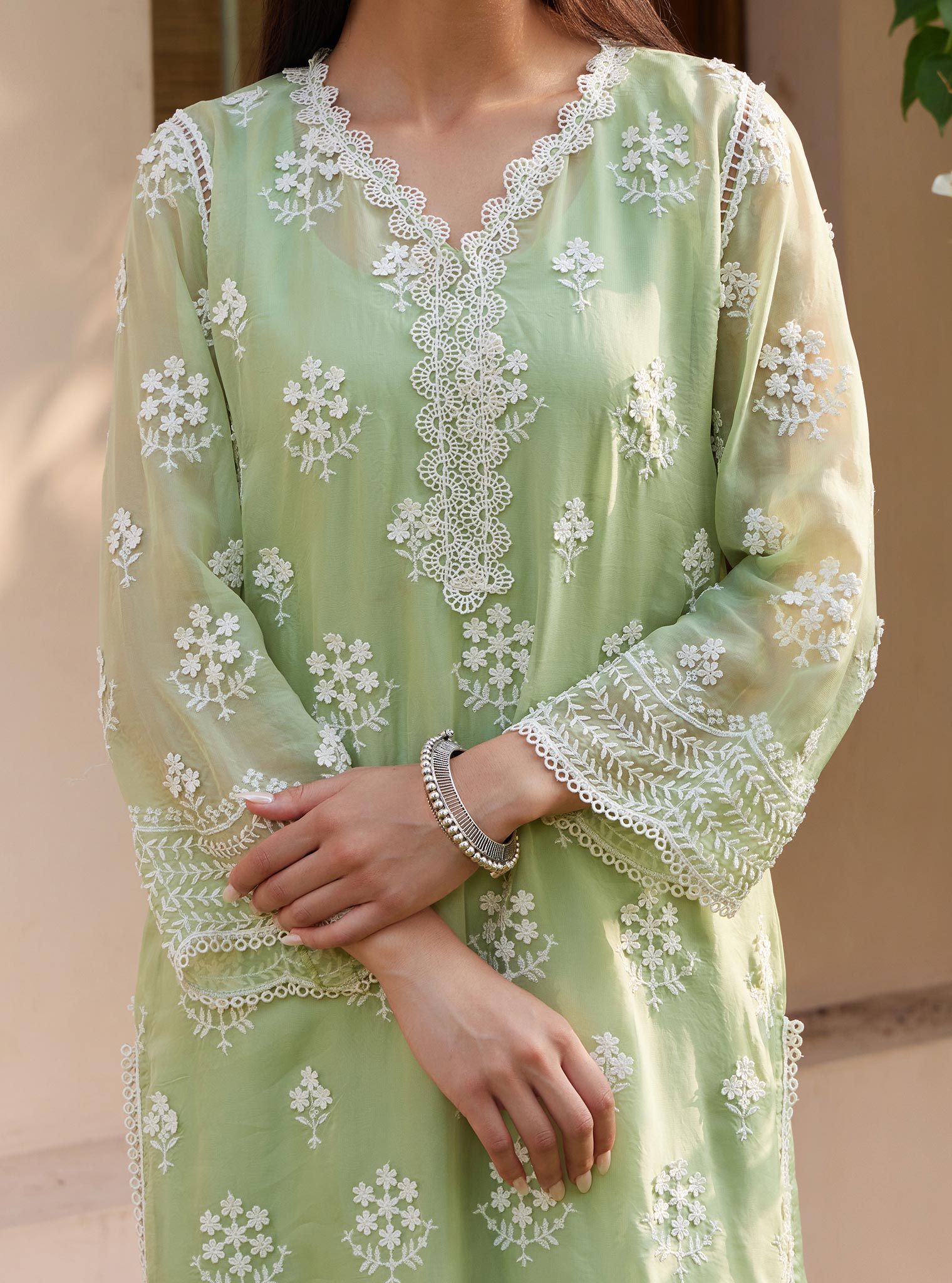 Mulmul Organza Aruni Green Kurta with Mulmul Pima Aruni Green Pant