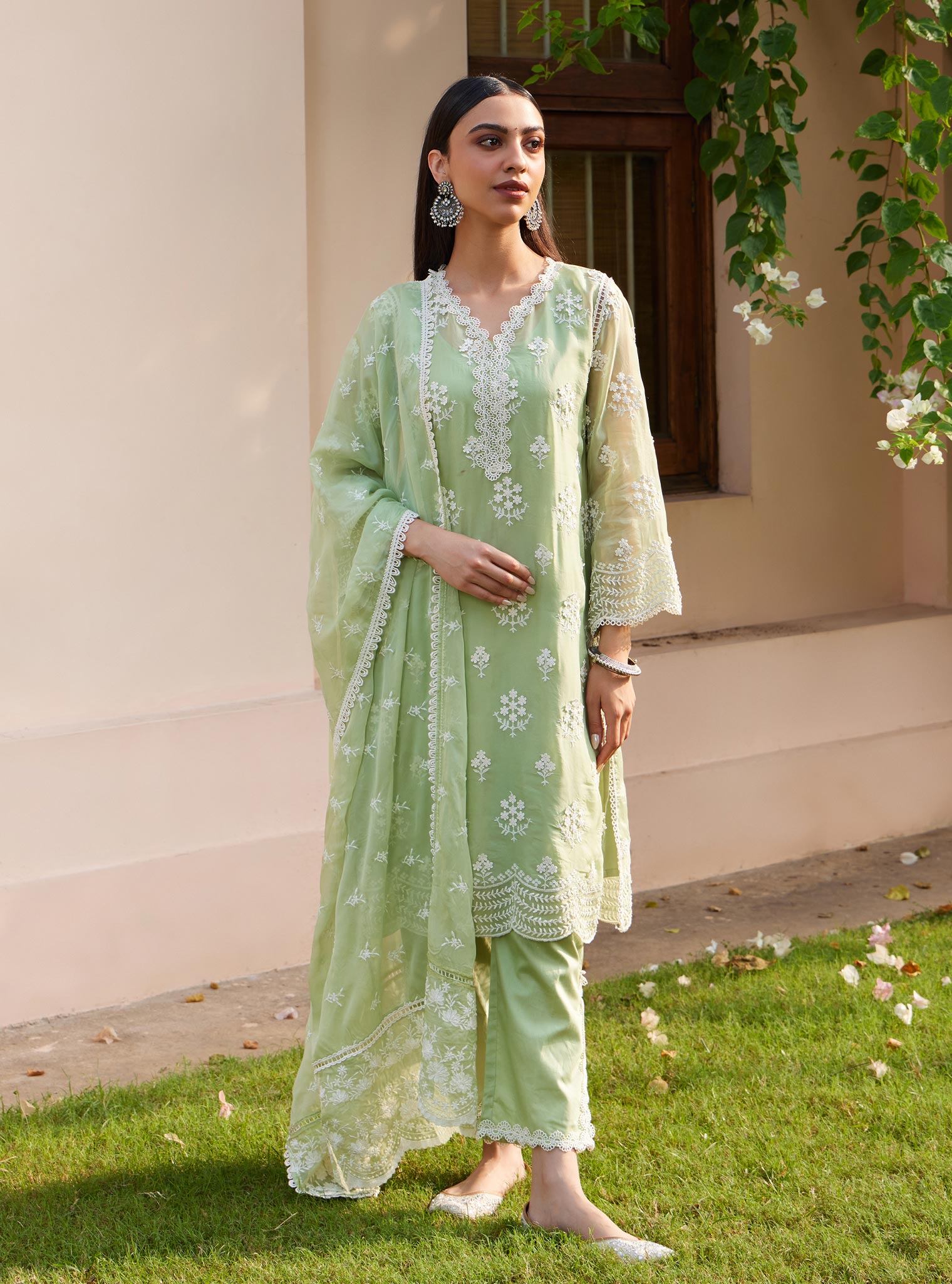 Mulmul Organza Aruni Green Kurta with Mulmul Pima Aruni Green Pant