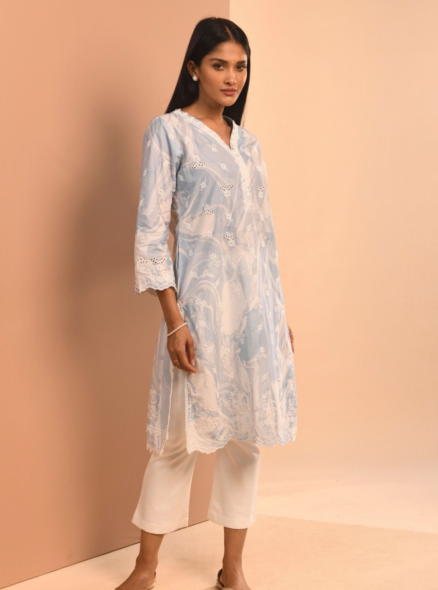 Mulmul Cotton Marble Adela Blue Kurta