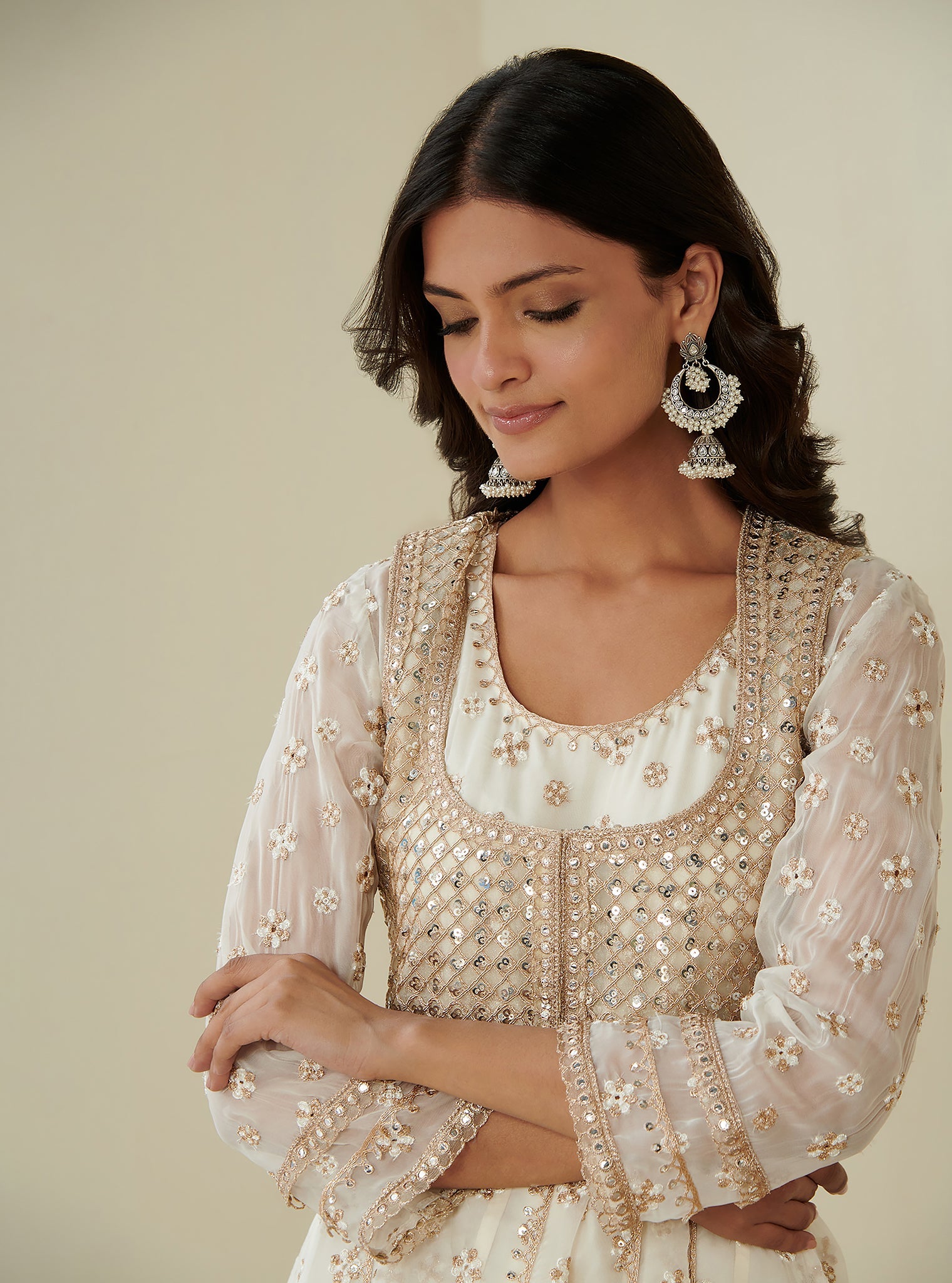 Mulmul Organza Malang Anarkali Off White Kurta With Jacket With Mulmul Pima Malang Off White Churidar Pant