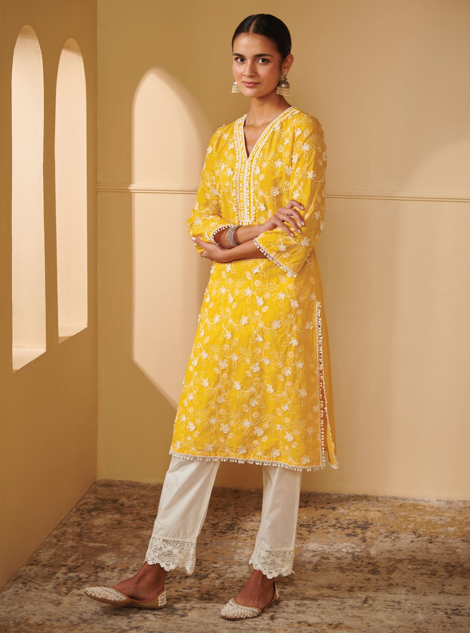 Mulmul Cotton Tahira Mango Kurta With Mulmul Cotton Irena White Pant