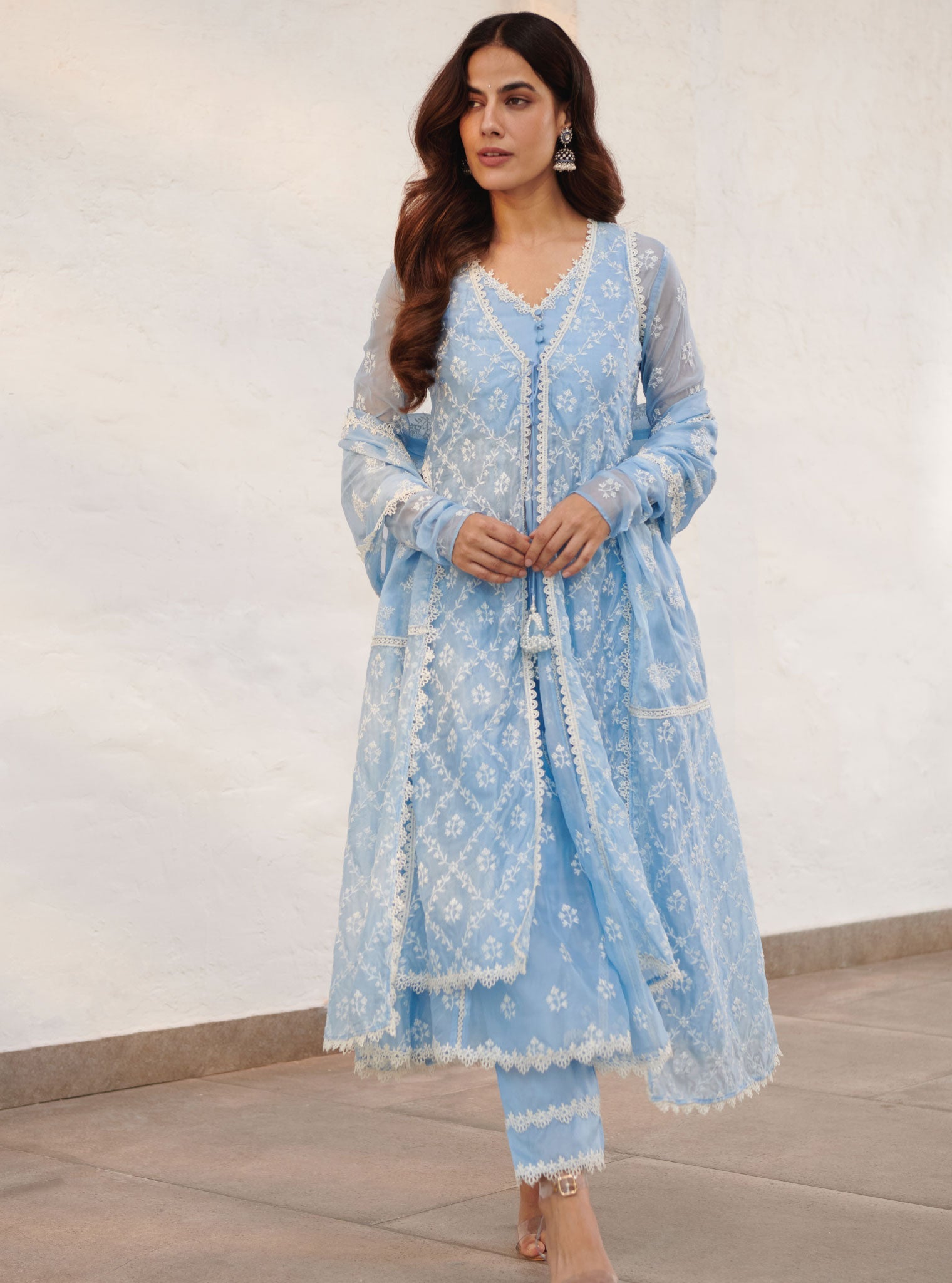 Mulmul Organza Essex Blue Anarkali Kurta with Organza Jacket With Cotton Essex Blue Pant