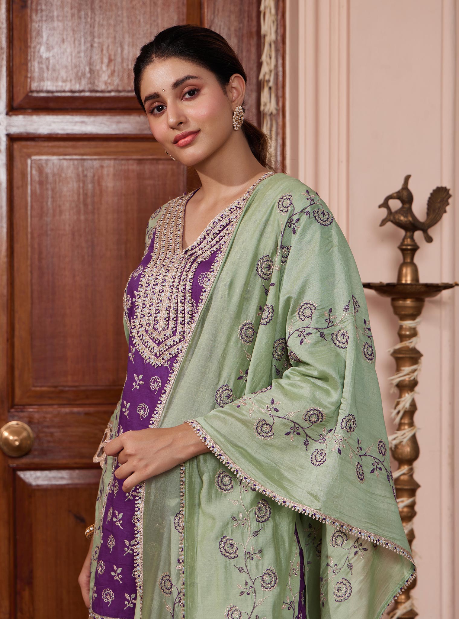 Mulmul Pima Pravi Green Kurta with Mulmul Pima Pravi Green Pant