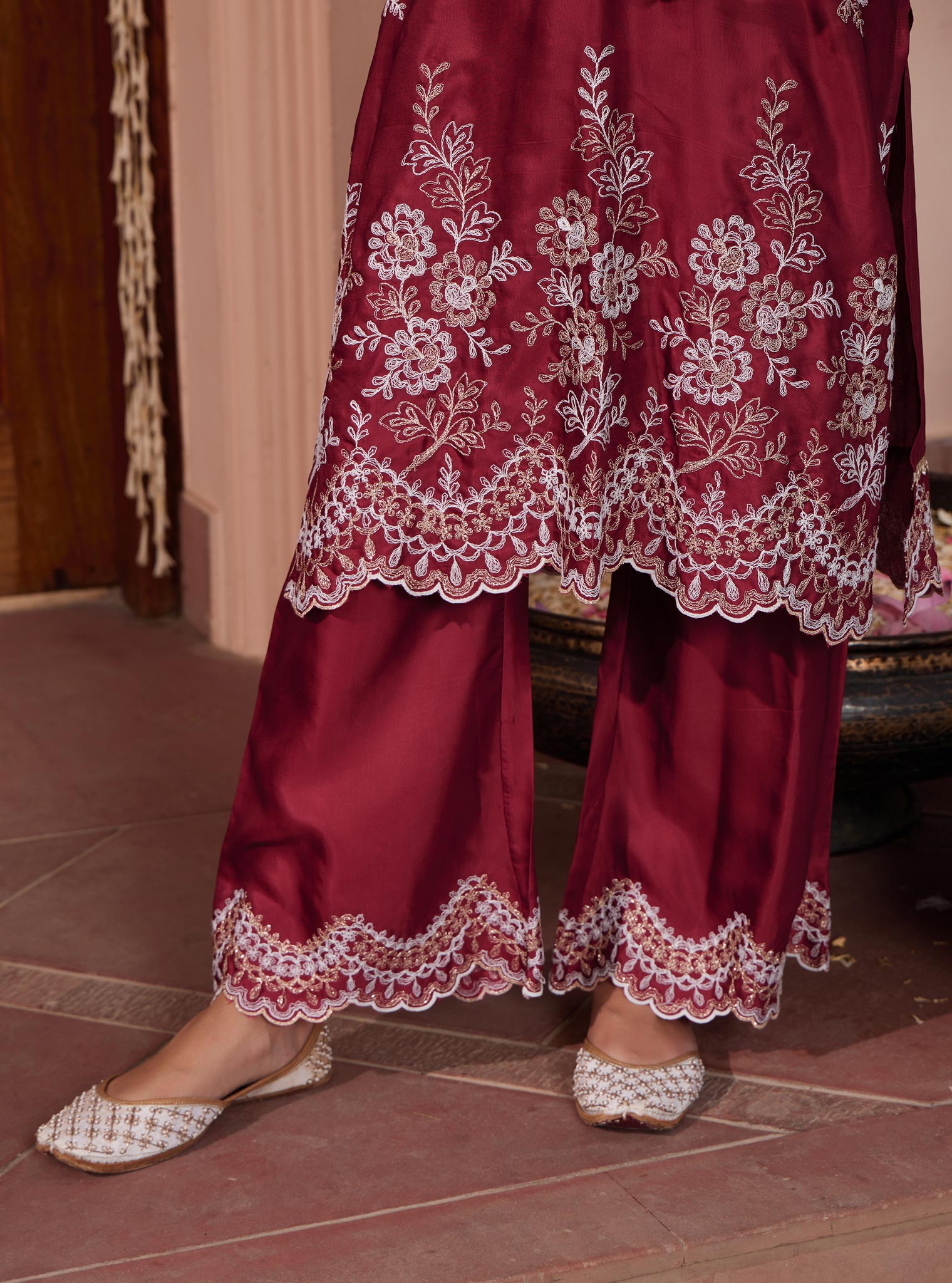 Mulmul Cupro Siya Wine Kurta with Mulmul Cupro Siya Wine Pant