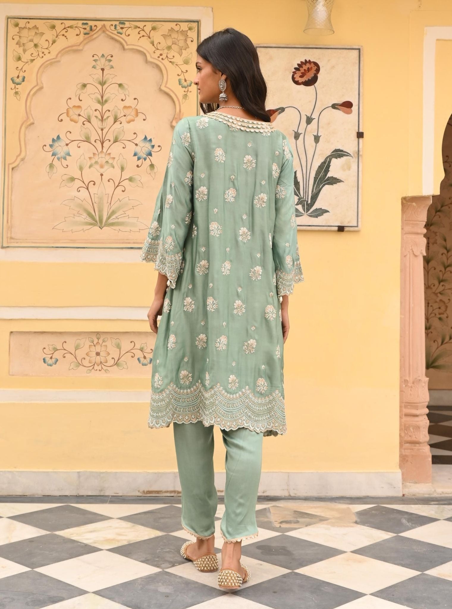 Mulmul Modal Satin Mehar Teal Blue Kurta with Mulmul Modal Satin Mehar Teal Blue Pant