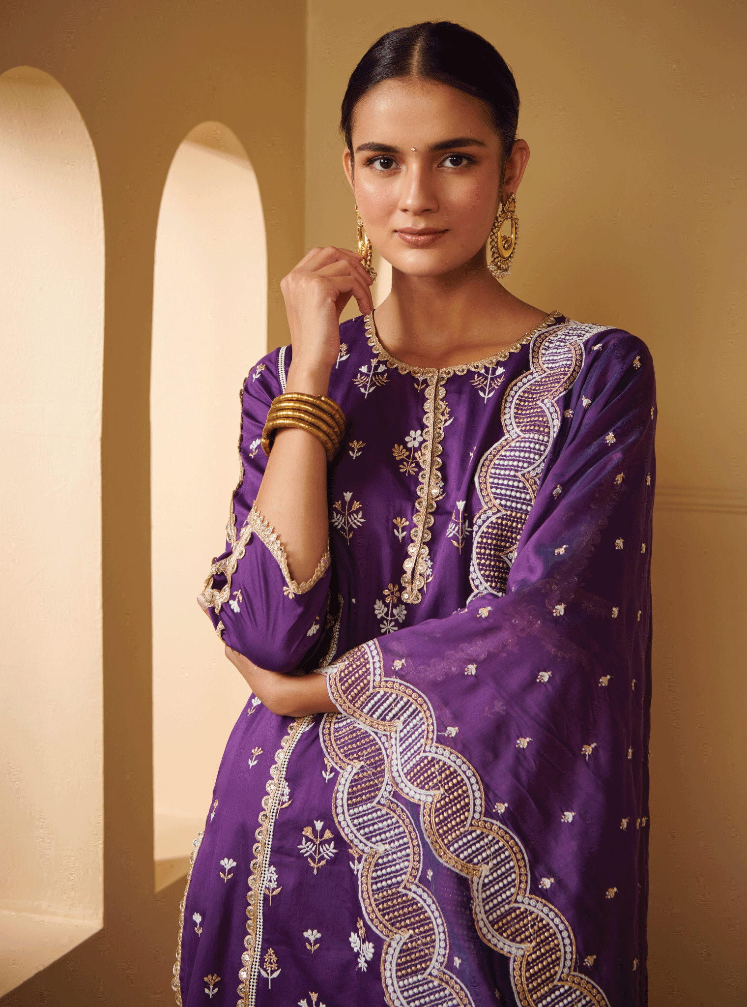 Mulmul Pima Satin Kaveri Purple Kurta With Kaveri Purple Pant