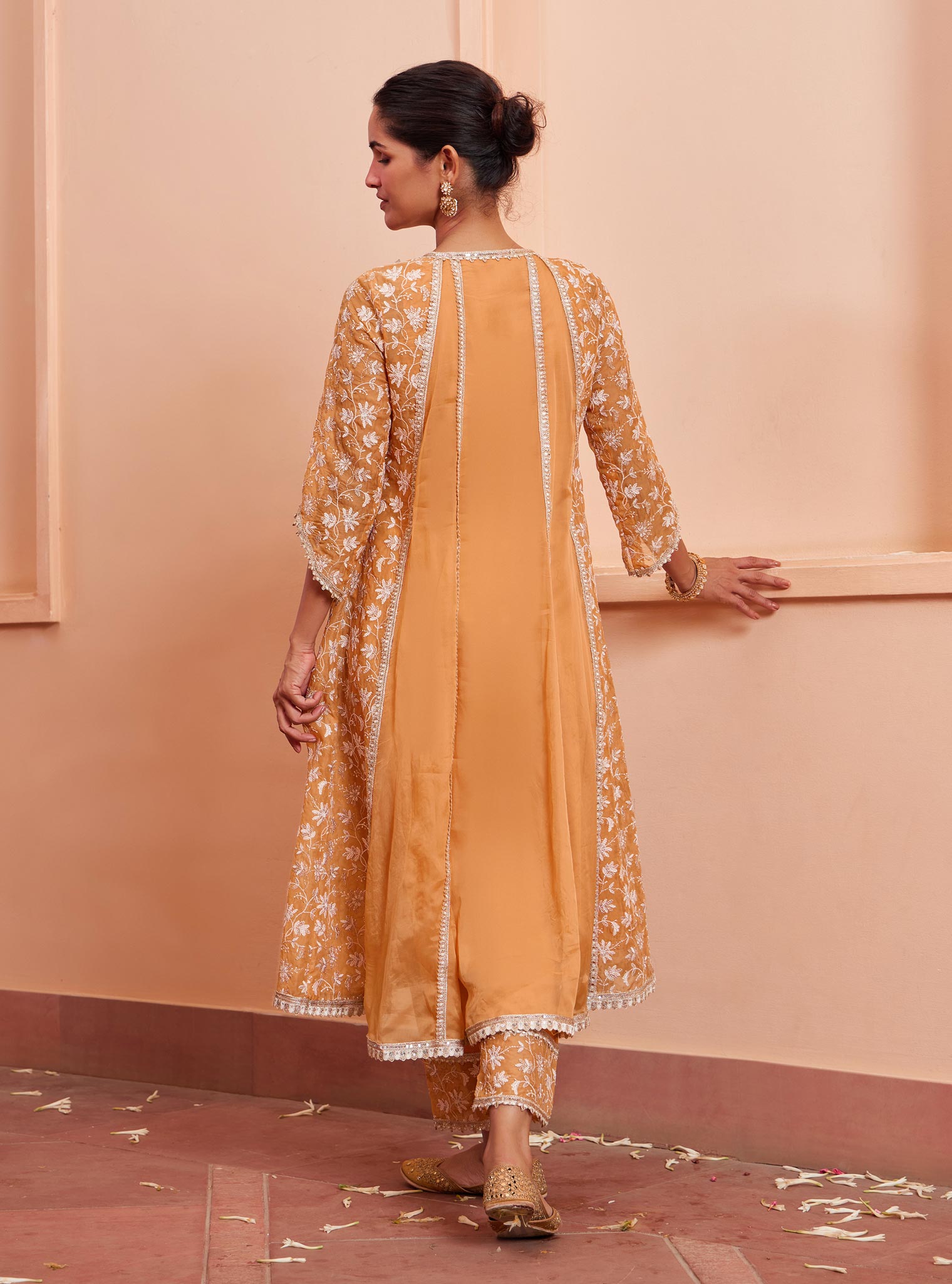 Mulmul Organza Jivya Anarkali Orange Kurta with Mulmul Pima Jivya Orange Pant