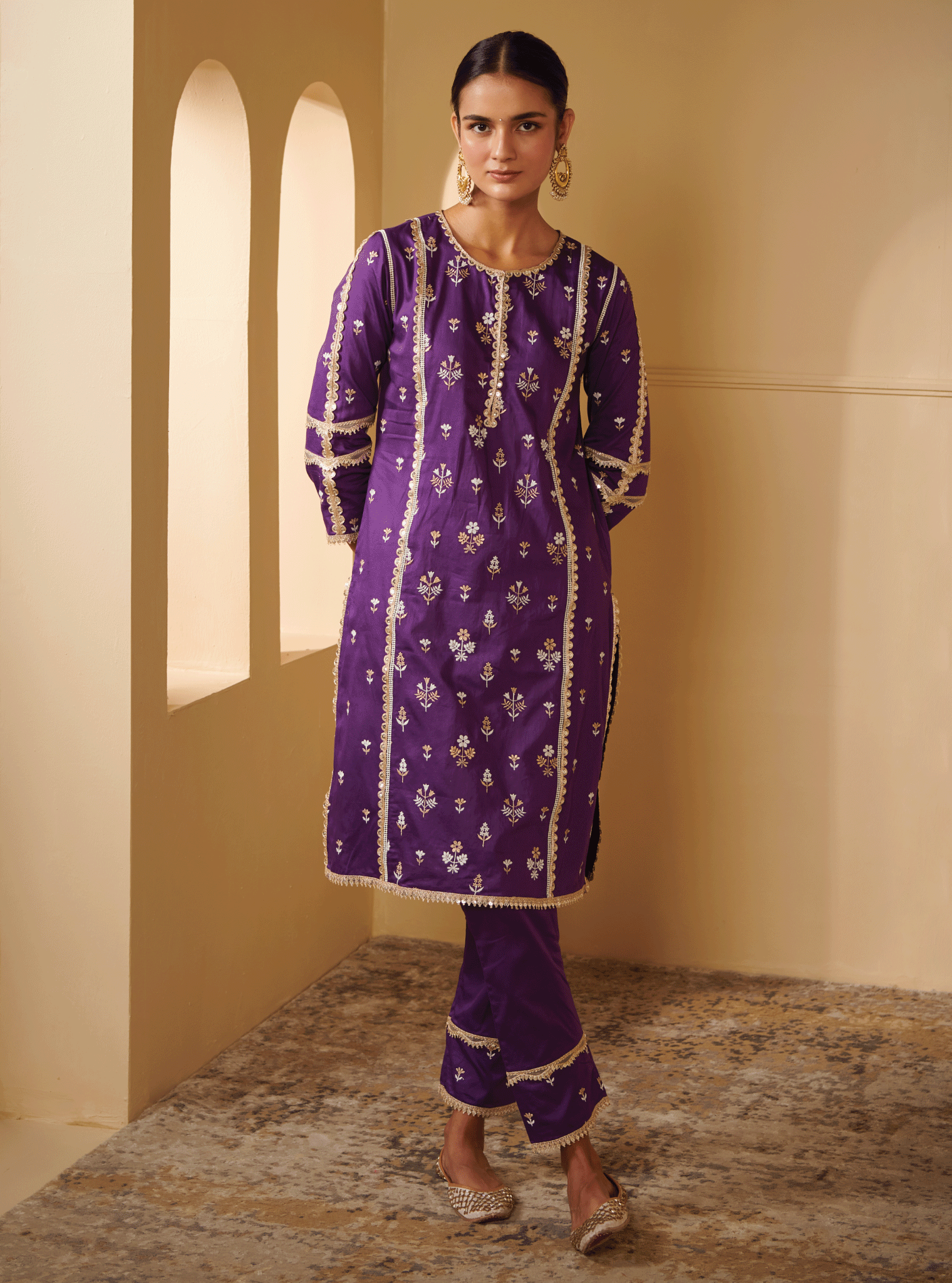 Mulmul Pima Satin Kaveri Purple Kurta With Kaveri Purple Pant