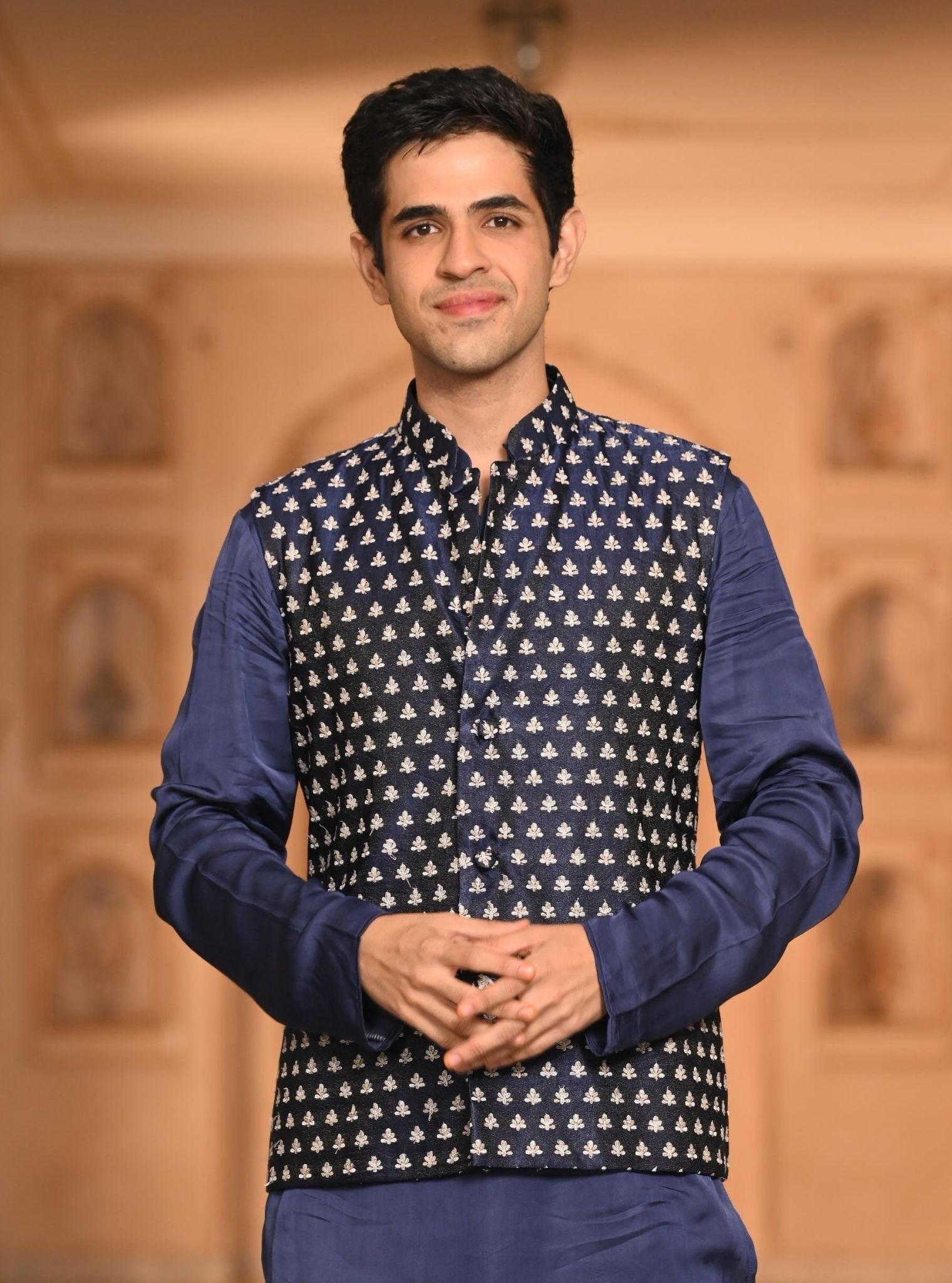 Mulmul Organza Satin Shyam with jacket Navy Men Kurta with Mulmul Pima Satin Shava Off White Pyajama