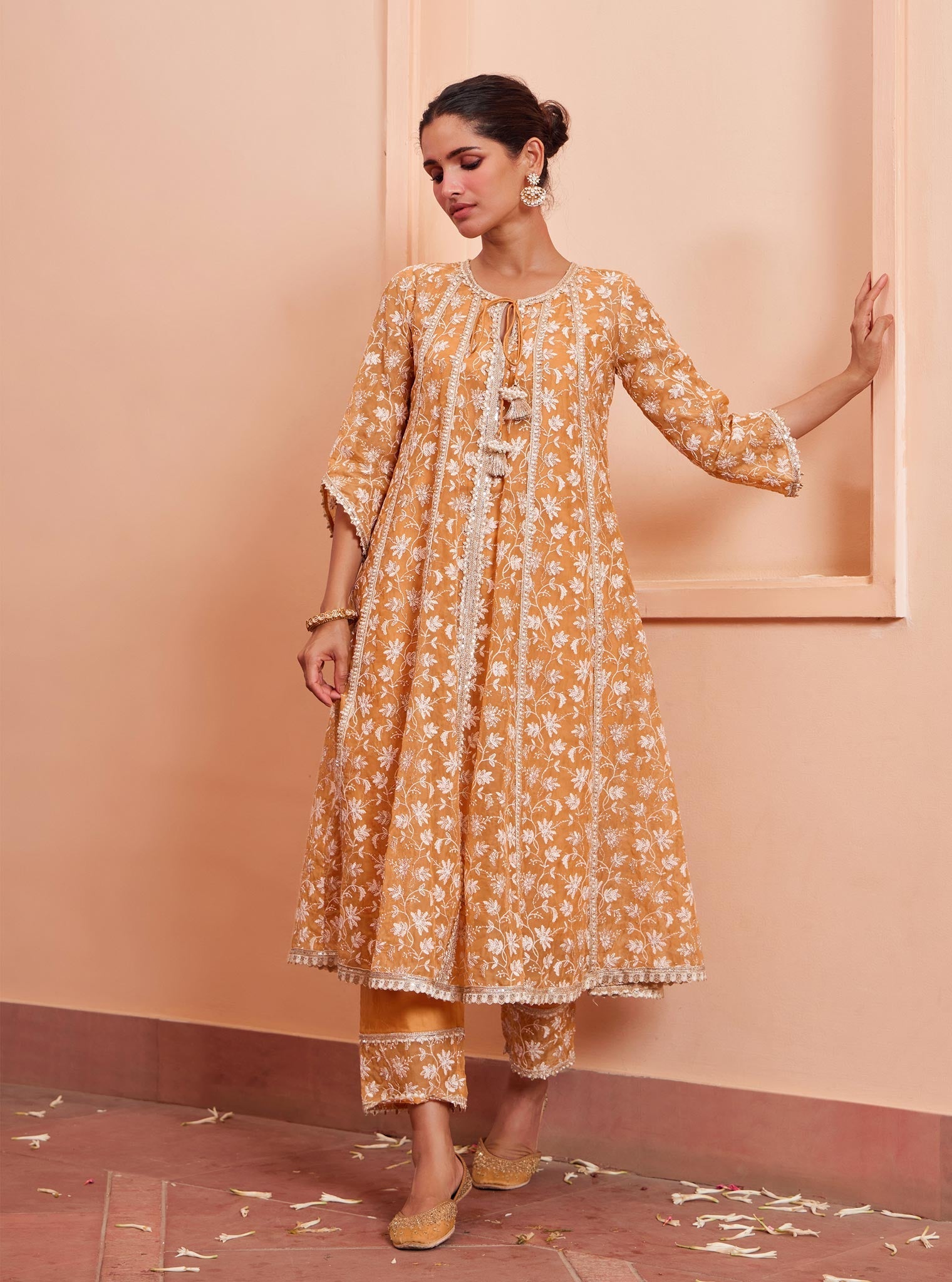 Mulmul Organza Jivya Anarkali Orange Kurta with Mulmul Pima Jivya Orange Pant