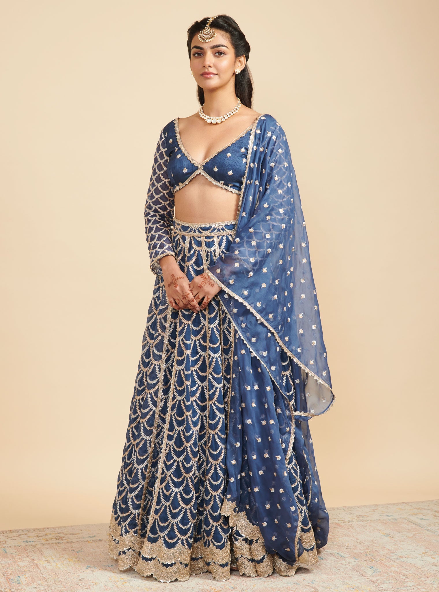 Mulmul Organza Morni Navy Lehenga