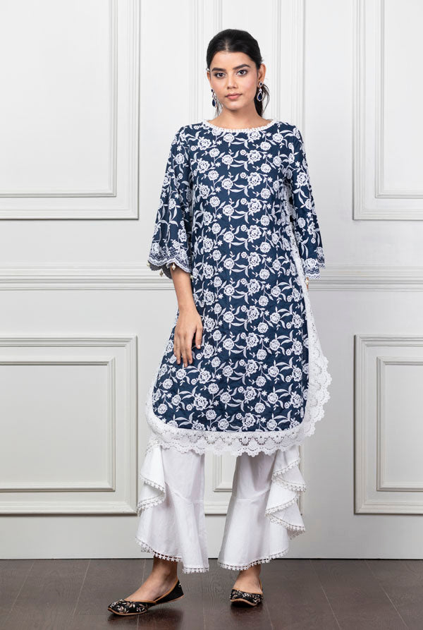 Mulmul Rosebud Navy Blue Kurta With Frill Bell-Bottoms